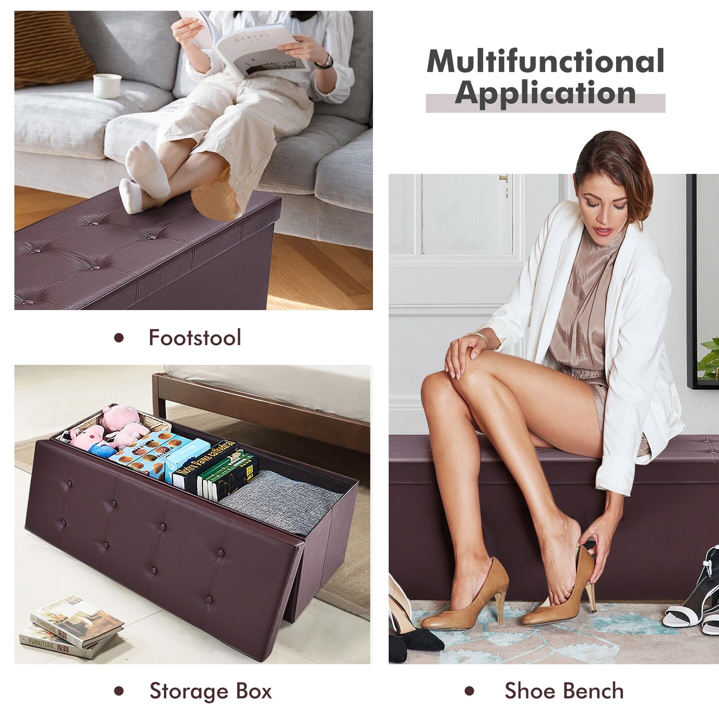 45 Inches Faux Leather Foldable Ottoman Storage Bench with Thick Sponge Padded Seat