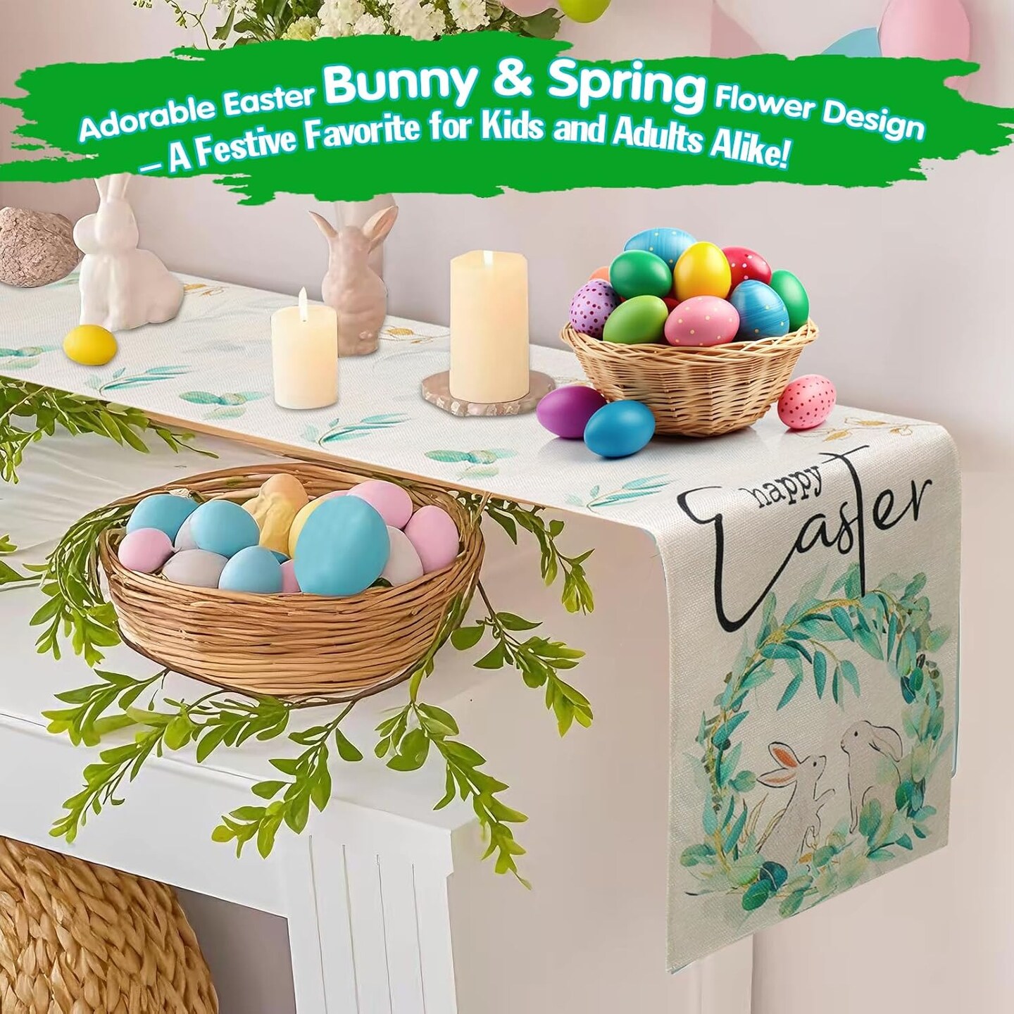 Easter Table Runner, Bunny Rabbit Flowers Leaves Green Easter Table Runners 72 Inches, Farmhouse Spring Kitchen Dining Table Decoration for Home Party Decor