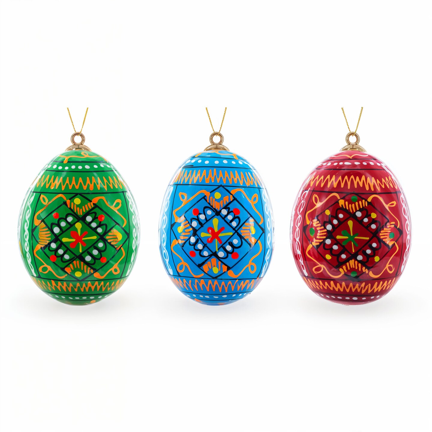 Set of 3 Vibrant Geometric Ukrainian Pysanky Wooden Easter Egg Ornaments 2.5 Inches