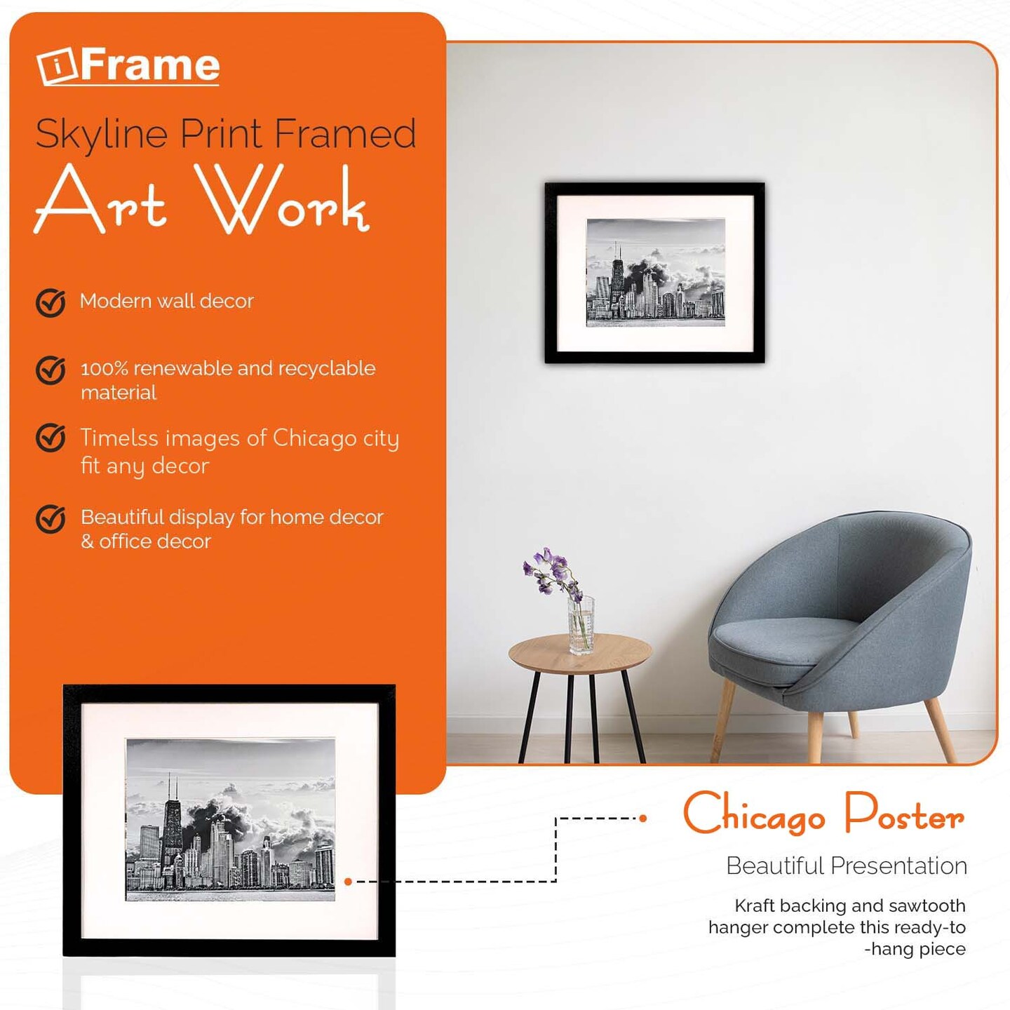 iFrame 18&#x201D; x 22&#x201D; Black Framed Chicago City Print Framed Art Work For Wall Decor With Photo Mat | Chi Town Skyline Wall Art | Black And White Picture Wall Art Decor