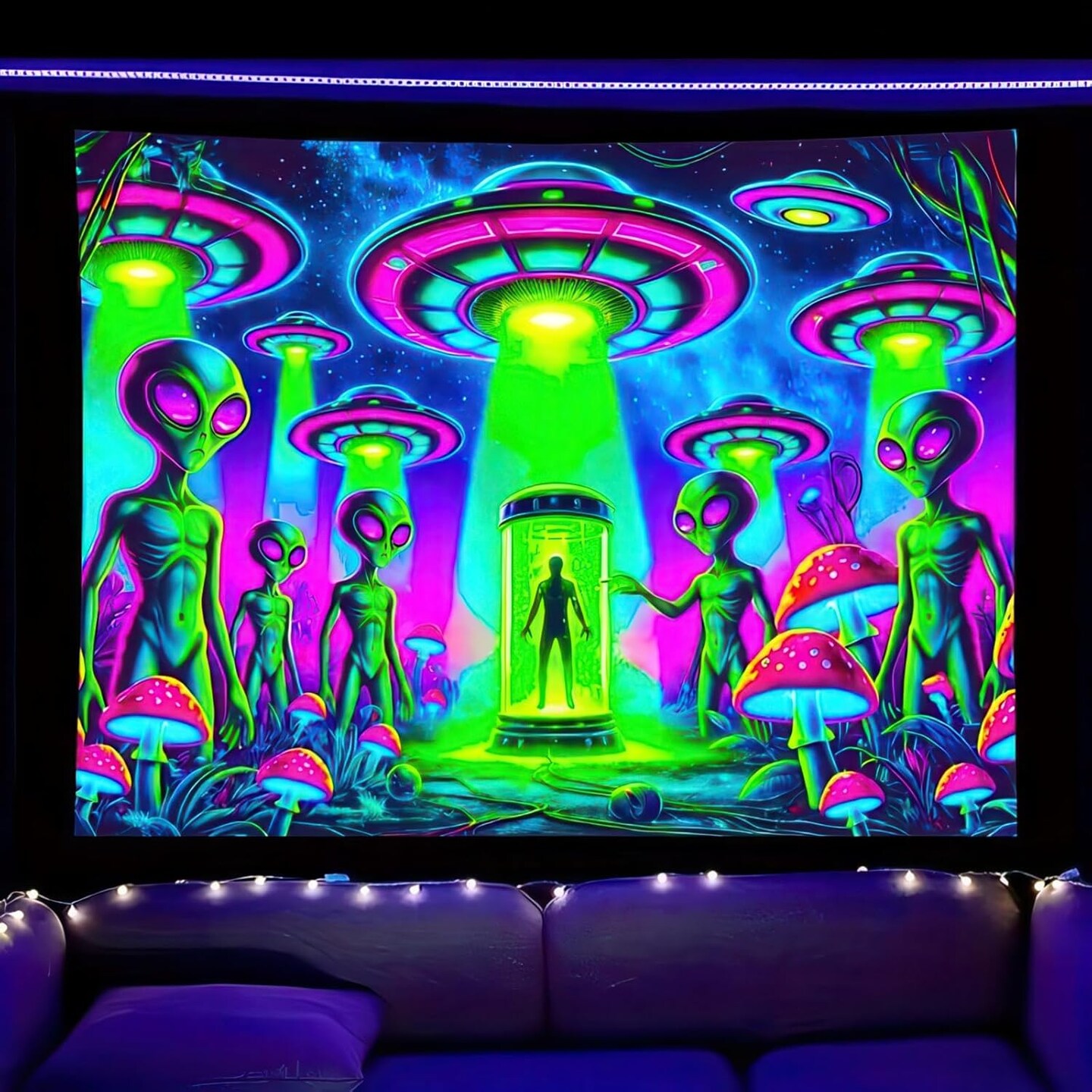 Alien Blacklight Tapestry UFO Black Light Hanging Backdrop Glow in The Dark Poster Wall UV Tapestry