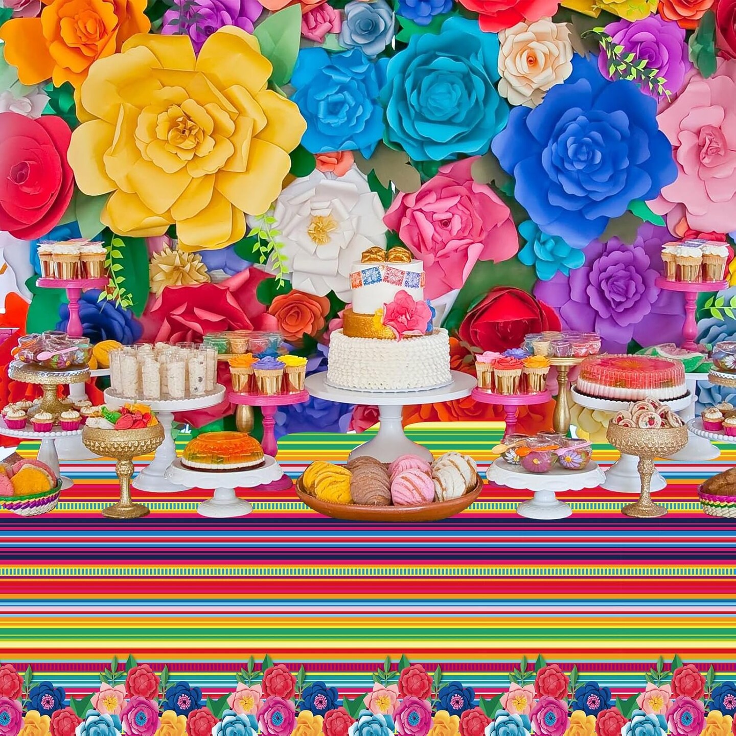 3-Pack Mexican Fiesta Disposable Tablecloths, 108×54 in, Floral Stripes