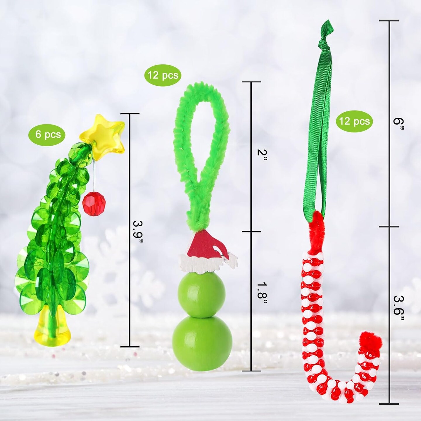 Christmas Crafts for Kids Adults,30 Sets Christmas Beaded Ornament Kit for Kids to Make-Including 12 PCS Green Monster/6 PCS Tree/12 PCS Candy Cane,Christmas Tree Decorations (Assembly Needed)