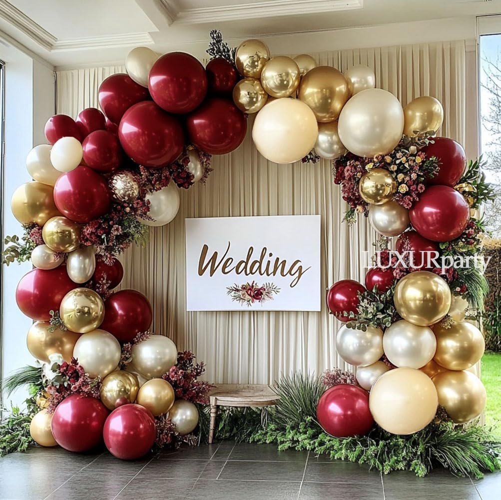 Burgundy Gold Balloons Garland Double Stuffed Wine Red Sand White Metallic Gold Latex Balloons Arch Kit