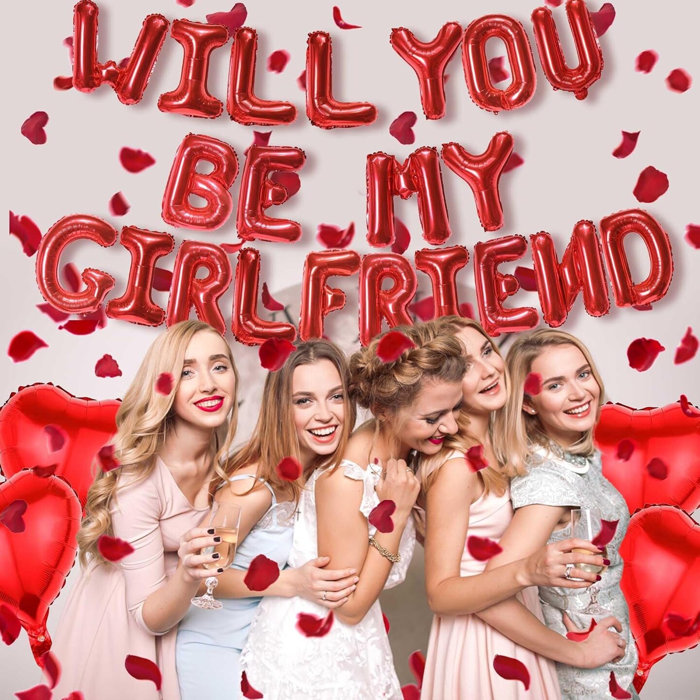 Will You Be My Girlfriend - Letter Foil Balloons Decorations 4 Pcs Red Heart Balloon and 500 Pcs Artificial Rose Petals For Proposal Wedding Valentine Day Decor Supplies