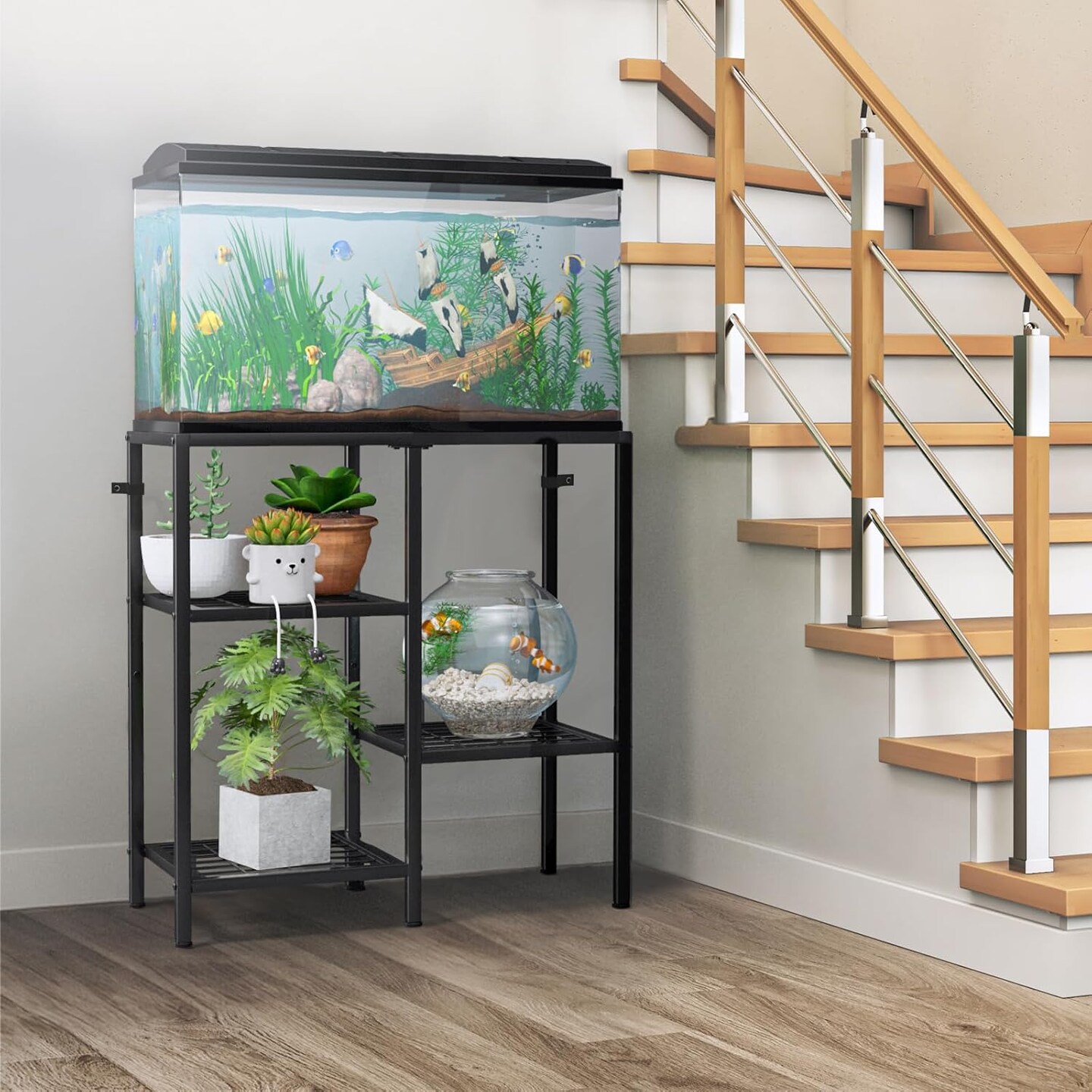 20-Gallon Aquarium Stand with 3-Tier Shelves, Heavy-Duty Metal Fish Tank Rack – Adjustable Anti-Slip Feet, Reptile & Turtle Terrarium Stand for Living Room, Office, or Bedroom