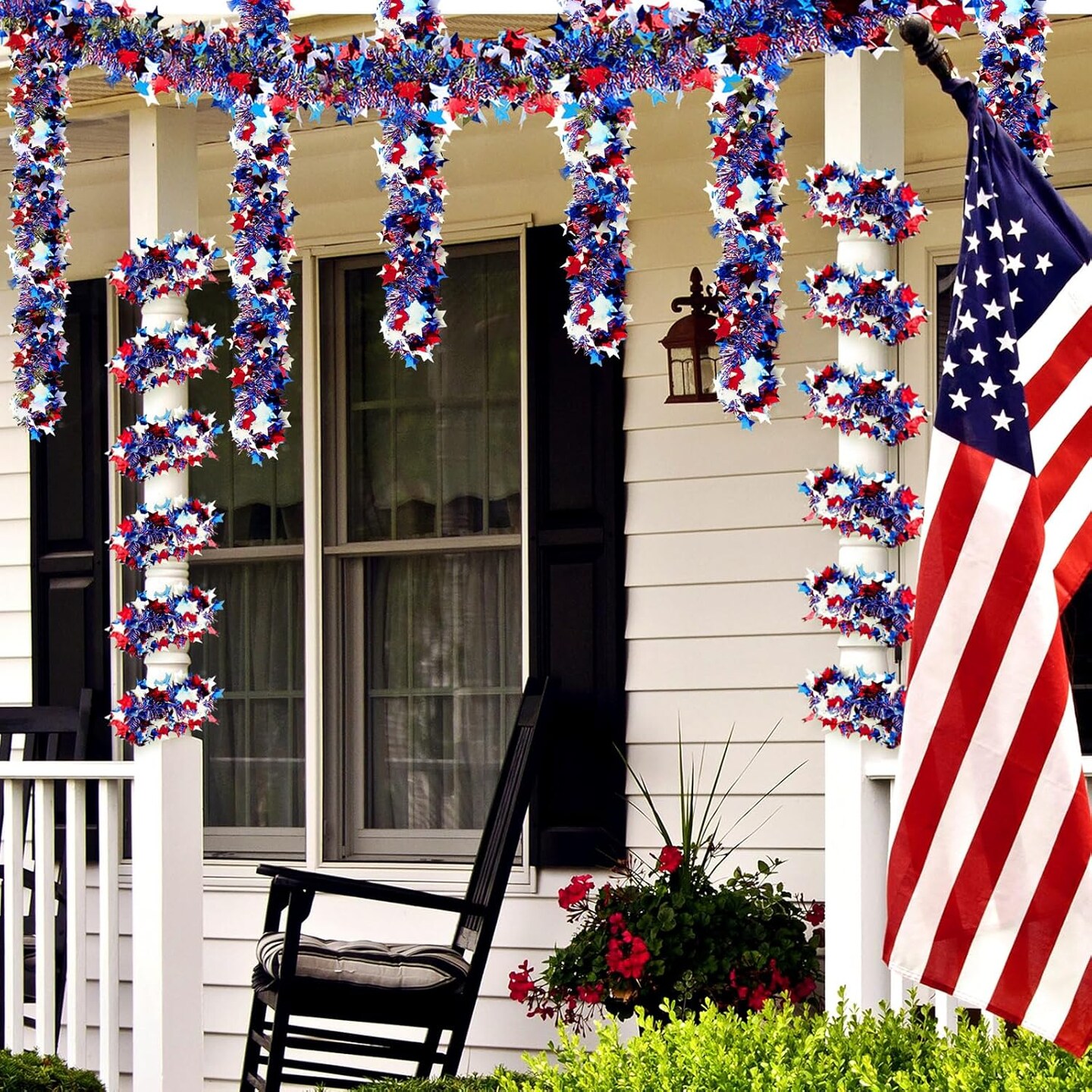 Red, White & Blue Metallic Star Tinsel Garland 4th of July Decorations