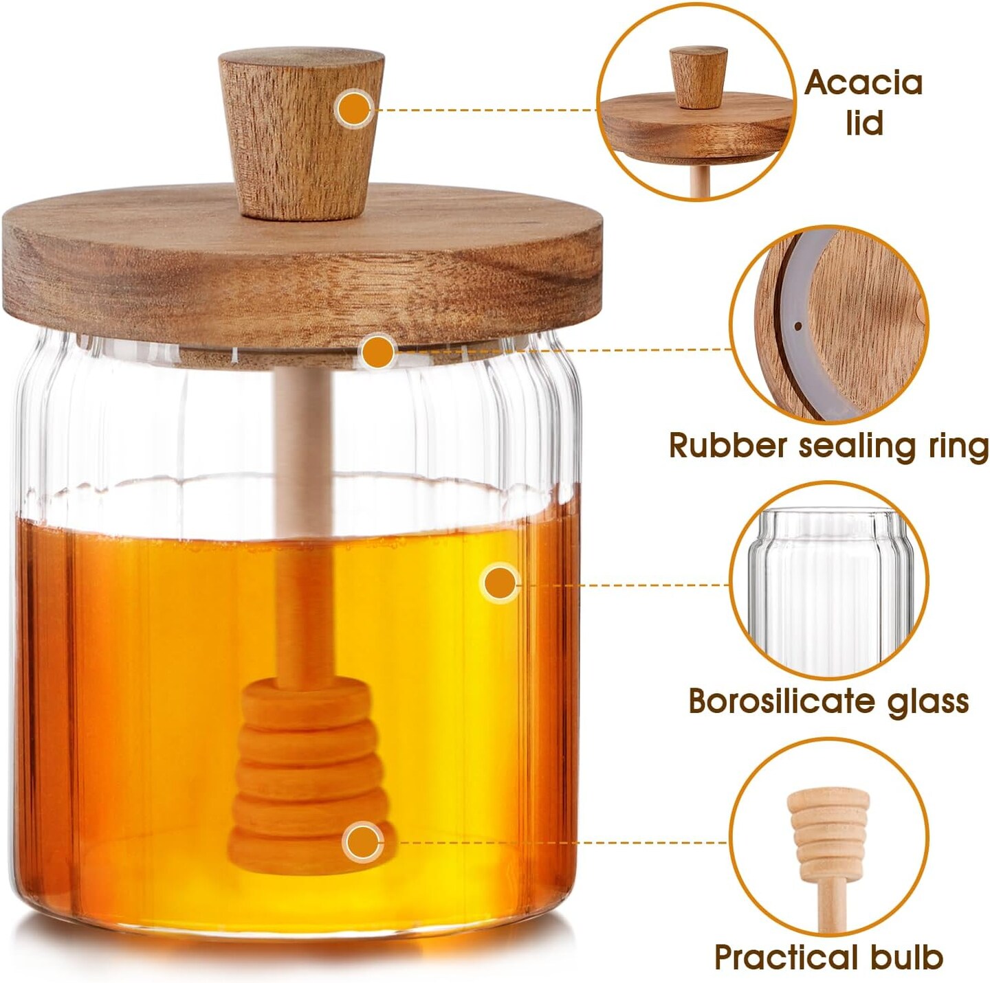 15oz Glass Honey Jar with Dipper Stick and Wooden Lid, Honey Pot with Wooden Dipper, Airtight Honey Containers with Dipper