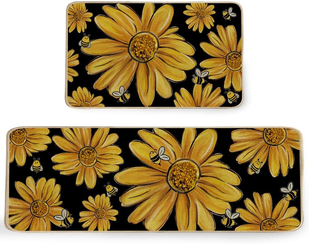 Yellow Bee Summer Kitchen Mats Set of 2, Yellow Sunflowers Seasonal Home Decor Summer Kitchen Rugs&#xFF0C; Non Skid Washable Decorative Kitchen Mats for Floor-17x29 and 17x47 Inch-AKM063