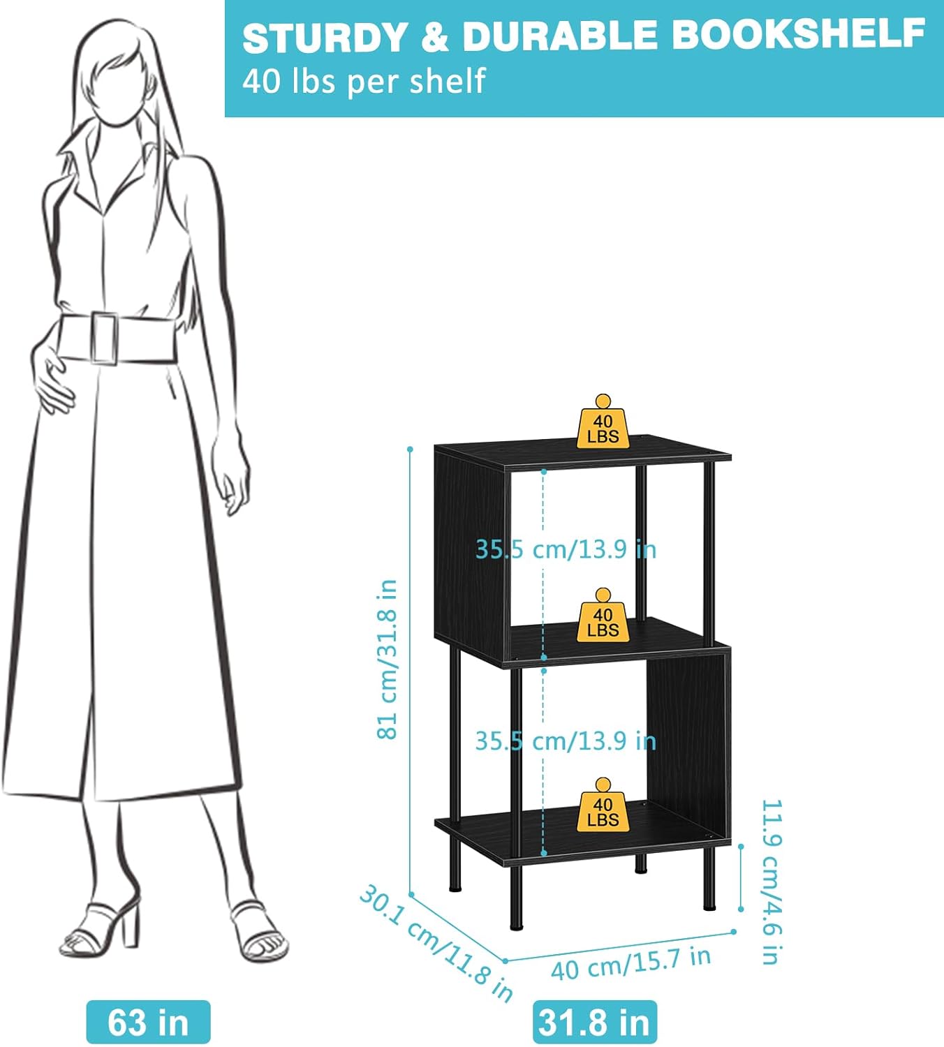 3-Tier S-Shaped Small Bookshelf &#x2013; Compact Black Bookcase Organizer for Home Office, Kids&#x2019; Room, Living Room (15.7&#x201D;x11.8&#x201D;x31.8&#x201D;)