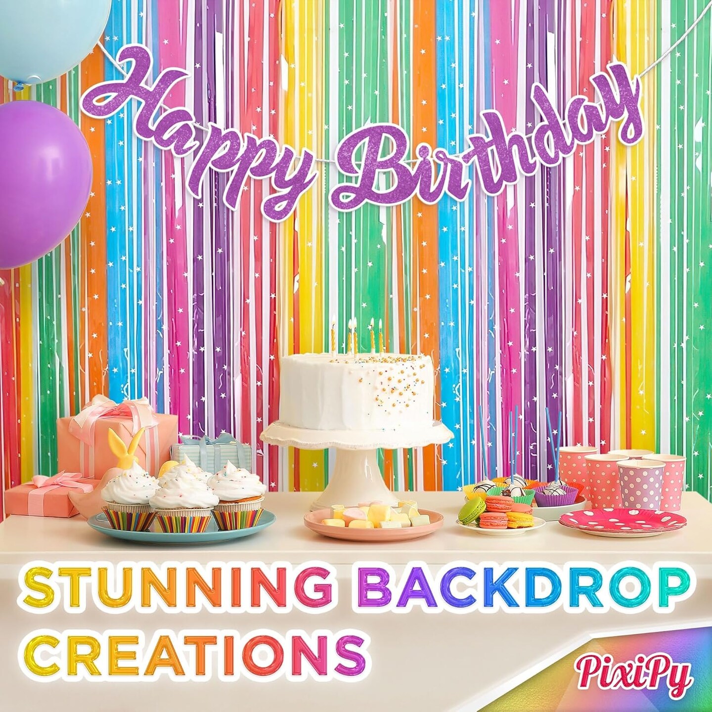 Shimmer Wall Curtain Backdrop (2 Pack, 6.6 x 3.3 ft), Rainbow Streamers Curtain for Birthday Party Decorations, Photo Booths &#x26; Theme Parties, Tinsel Foil Fringe Party Supplies by PixiPy