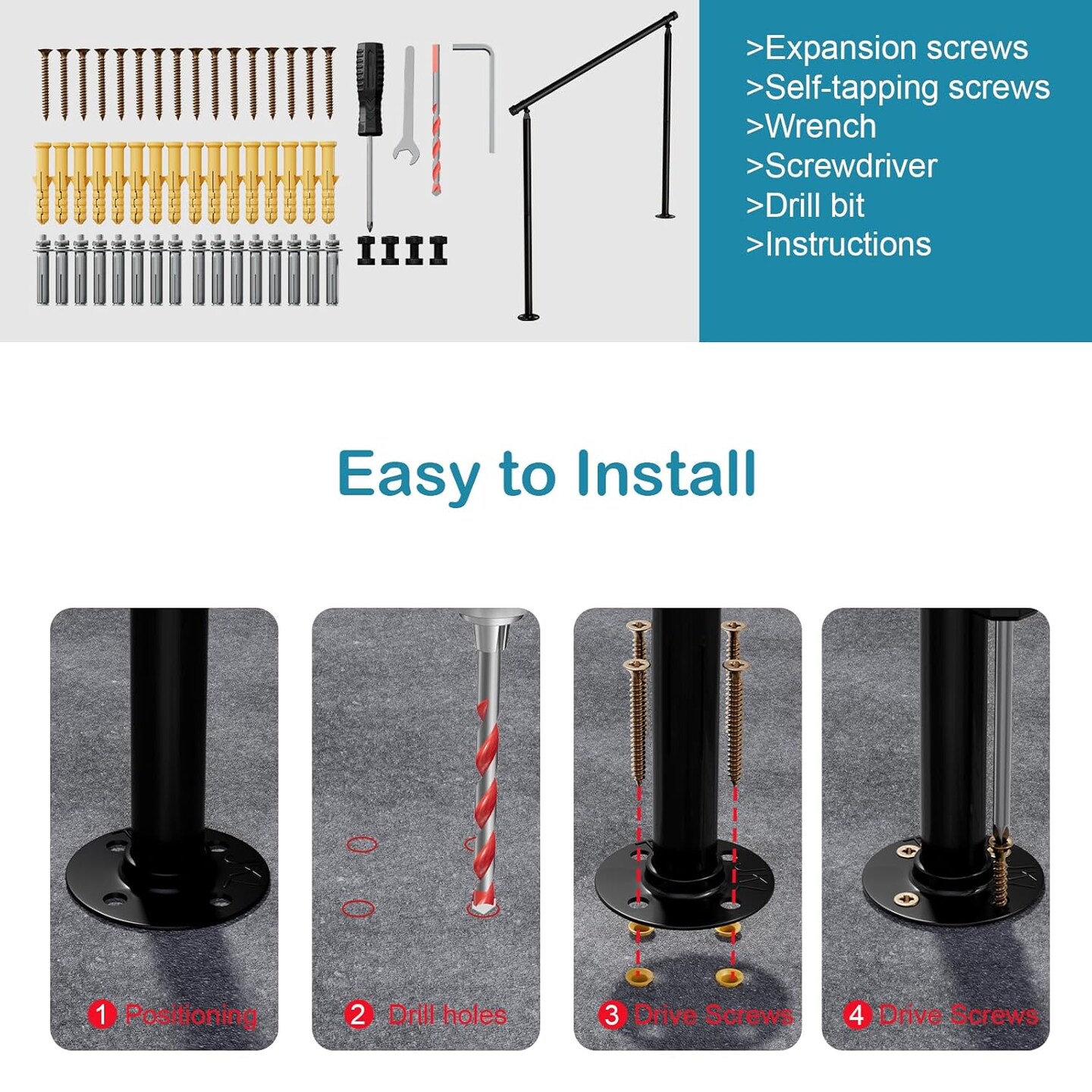 2-Pack Outdoor Stair Railing Handrails for 2-3 Steps &#x2013; Heavy-Duty Wrought Iron with Non-Slip Grip &#x26; Installation Kit, 500 lb Capacity (33&#x22;W x 32&#x22;H, Black)