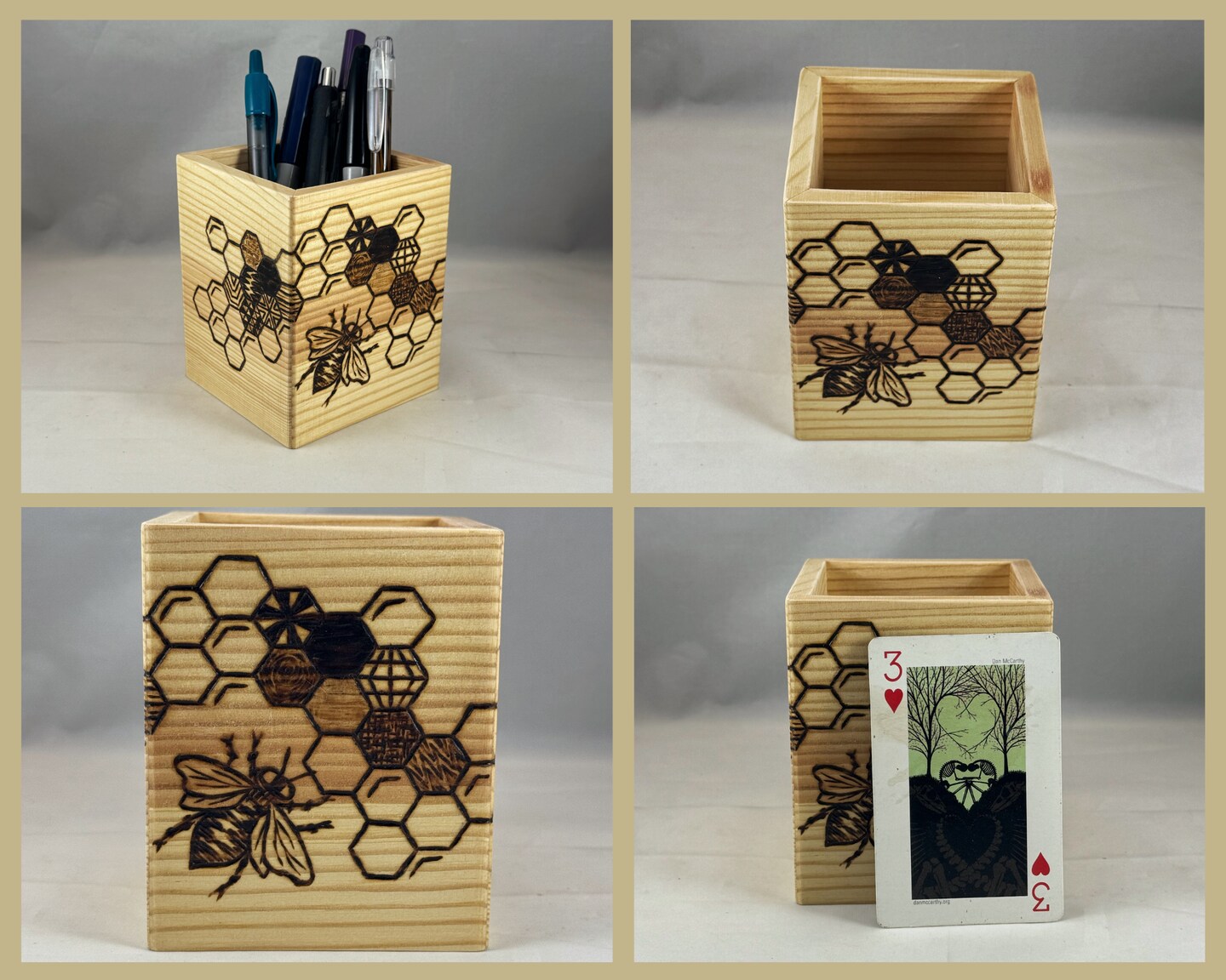 Honeybee Honeycomb Hexagons Wood Burned Pen Holder, Pyrography