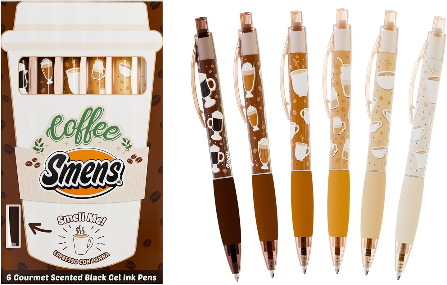 Gourmet Coffee-Scented Gel Pens, Black Ink, Medium Point, 6Pack Variety Set