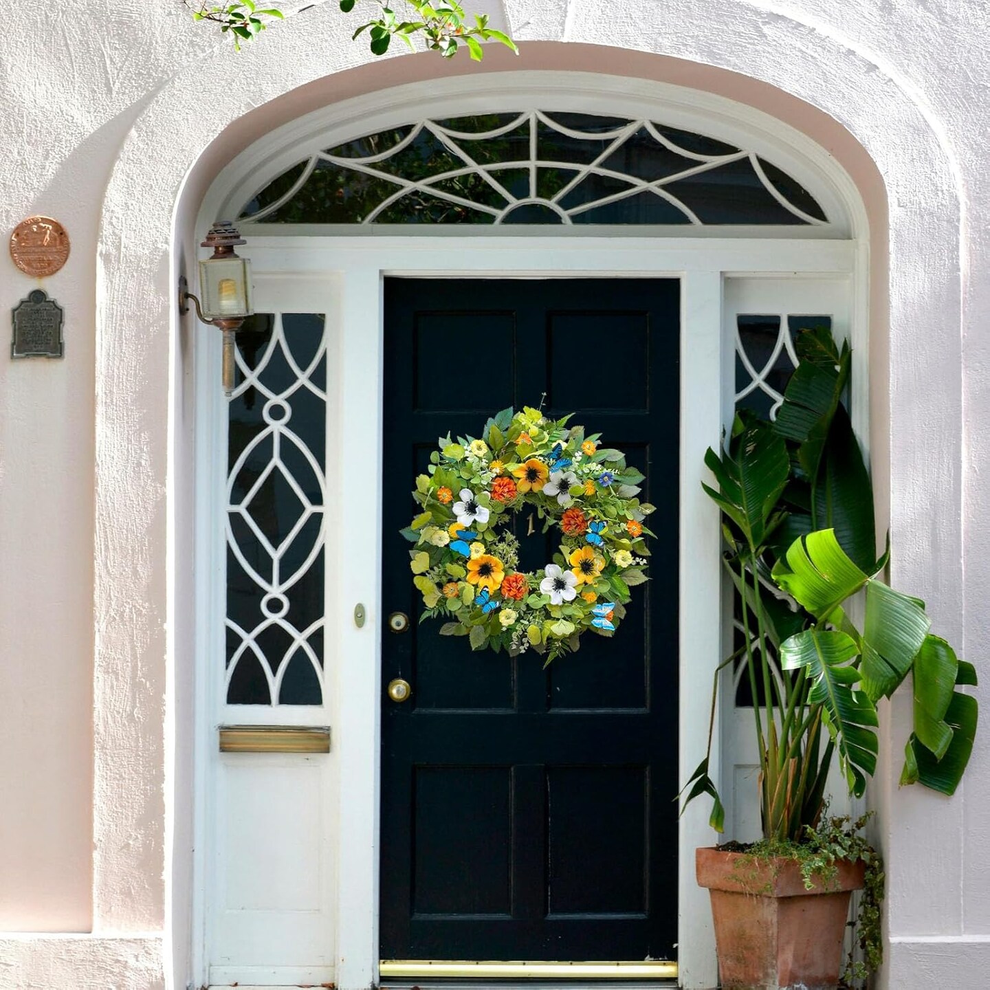Summer Wreaths for Front Door 24 Inch Summer Wreath Artificial Floral Greenery Wreath with Beautiful Hydrangea Pansies and Butterfly Summer Wreaths for Front Door Outside