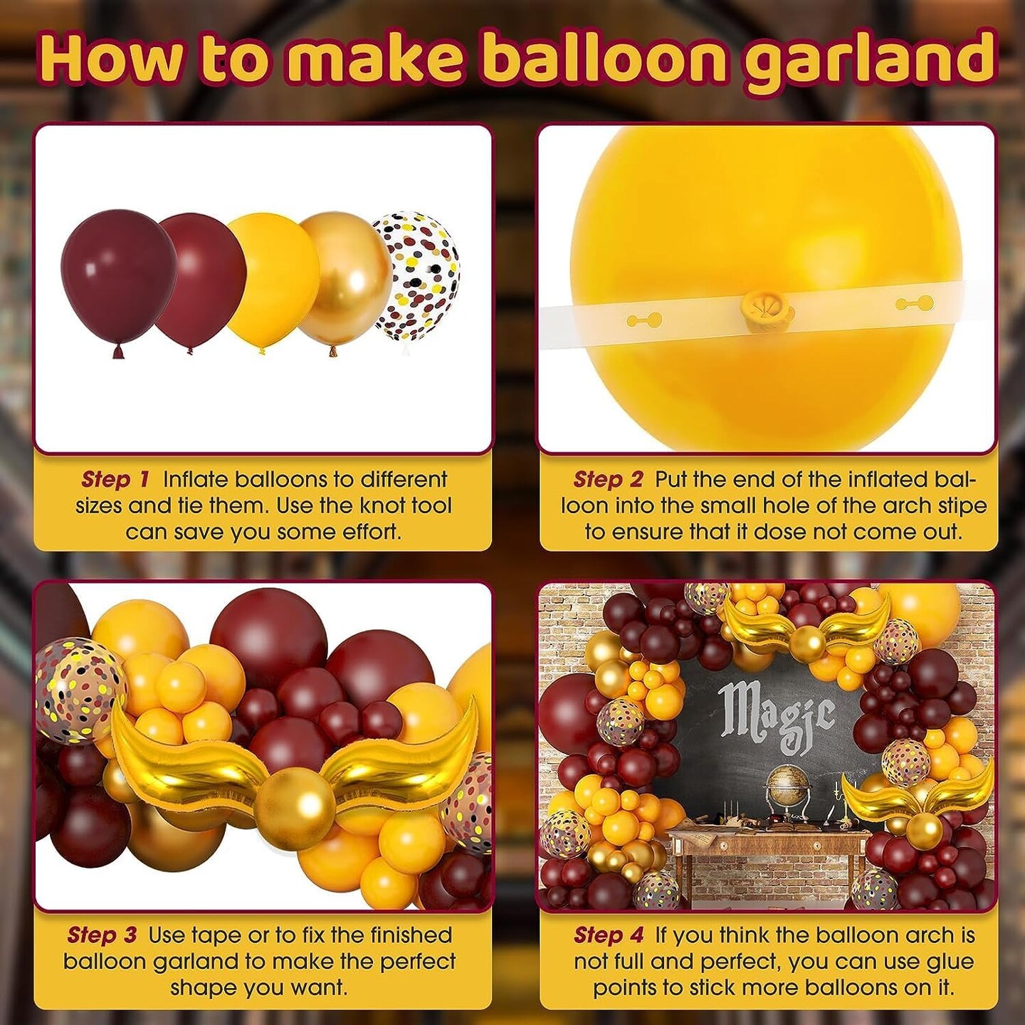 170Pcs Magical Wizard School Balloons Garland Party Decorations Burgundy Confetti Balloons Metallic Gold Balloons for Kids Birthday Party Magical Theme Baby Shower Supplies Favors