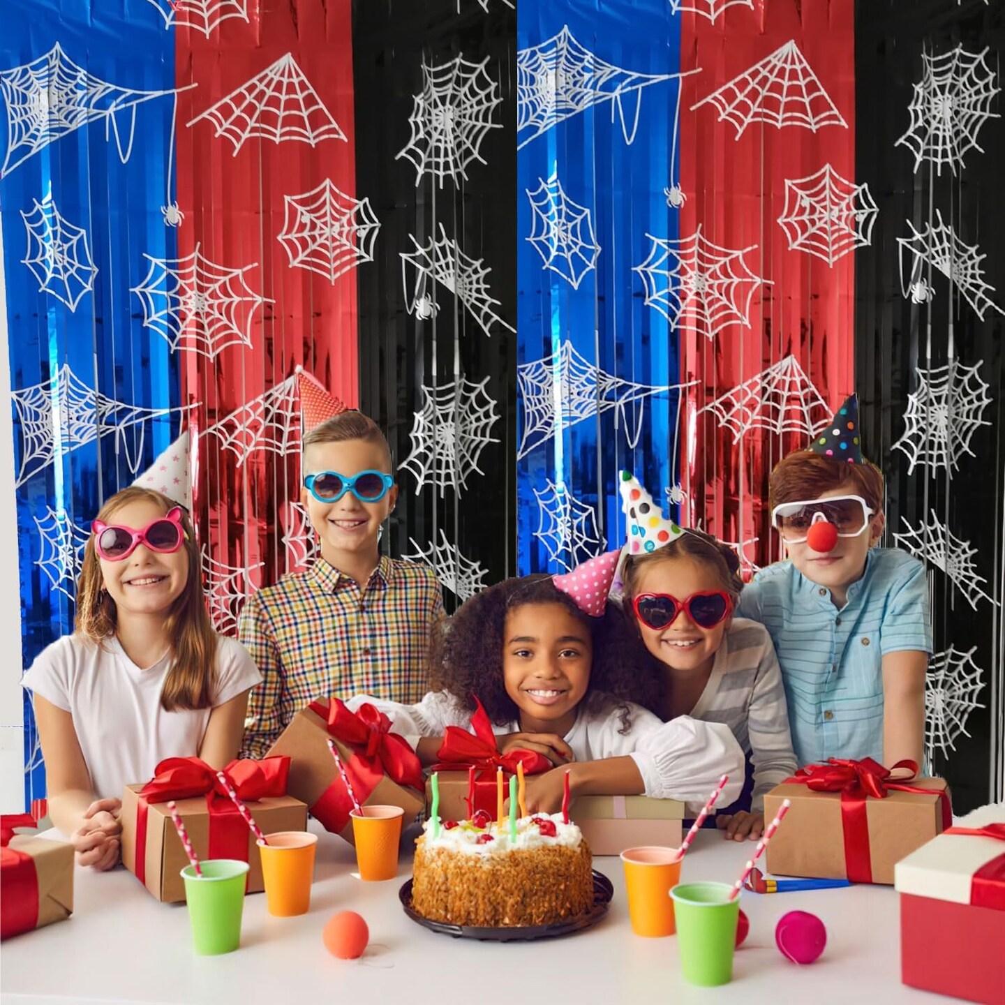 Spider Web Birthday Decorations 2 Pack Spider Party Supplies 3.3x6.6ft Red Blue and Black Spidey Tinsel Foil Fringe Curtains Backdrop Red and Blue Streamers Spider Theme Party Decorations