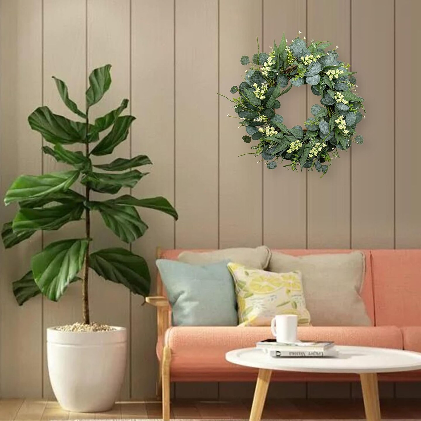 22 Inch Artificial Green Eucalyptus Wreath Summer Wreaths for Front Door with White Berries Summer Decor for Porch, Wall, Farmhouse
