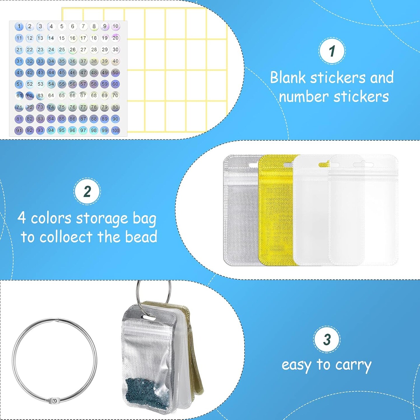 200 Pieces Diamond Painting Accessories Diamond Painting Tools Kit Storage Container Diamond Art Resealable Bags with 4 Round Binding Rings, 5 Sheets Number Stickers and 5 Sheets Sticker Label