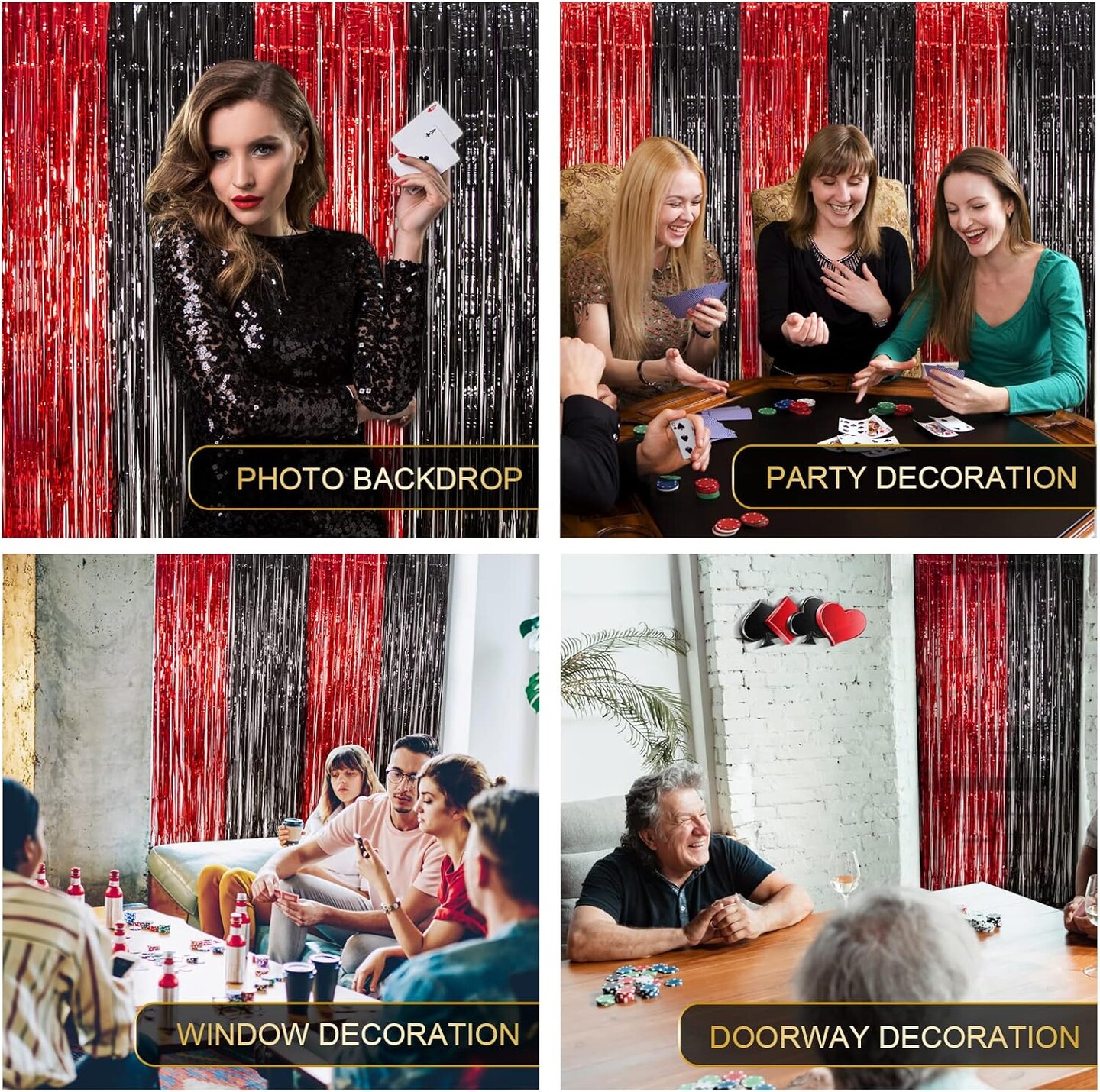 Casino Theme Party Decorations, 3 Pack Red and Black Birthday Party Supplies 3.3 x 6.6ft Tinsel Foil Fringe Curtains Photo Booth Props Backdrop Streamers, House Room Decor for Las Vegas Party