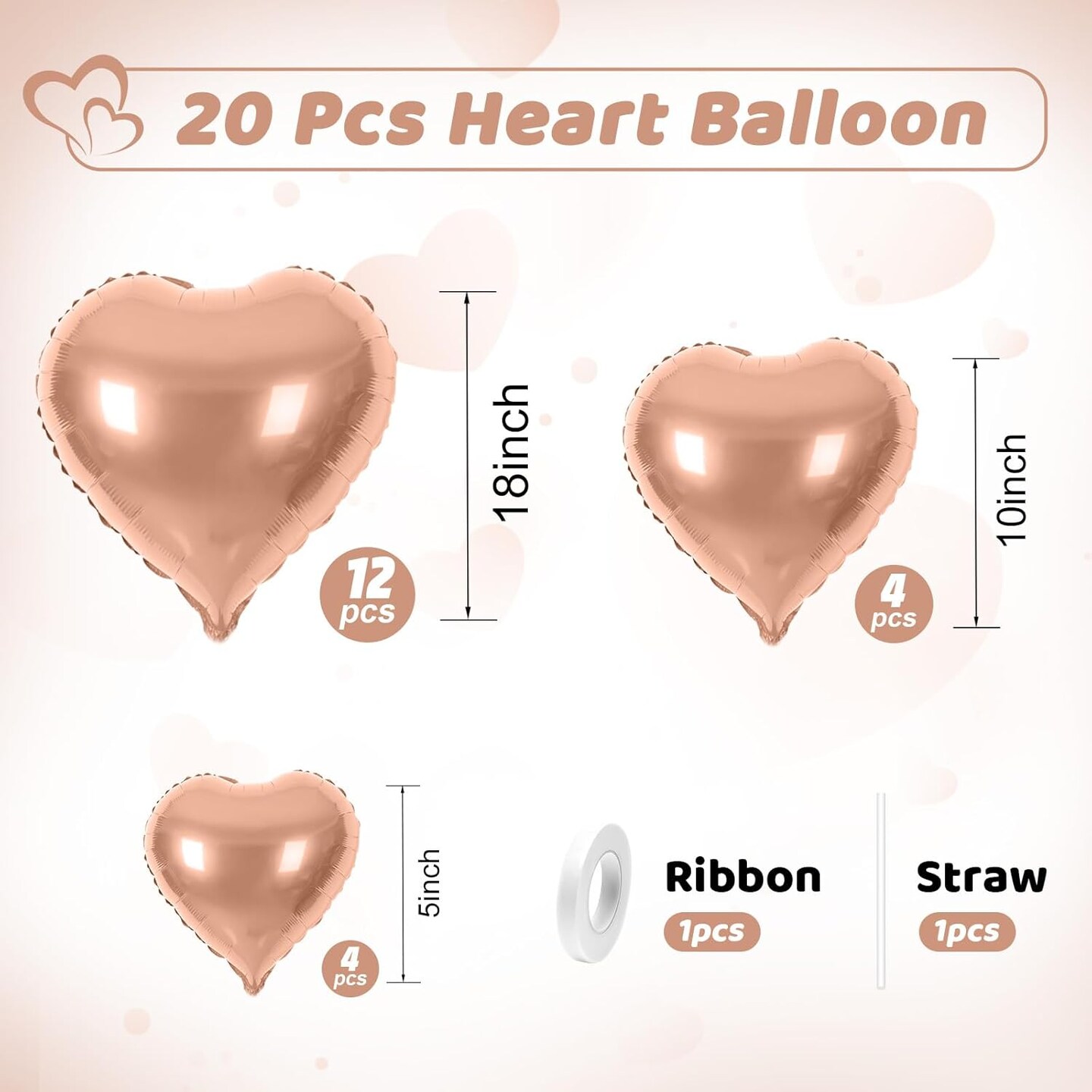 20-Pack Rose Gold Heart Foil Balloons – 5/10/18in for Valentine’s Day, Wedding & Anniversary Decor
