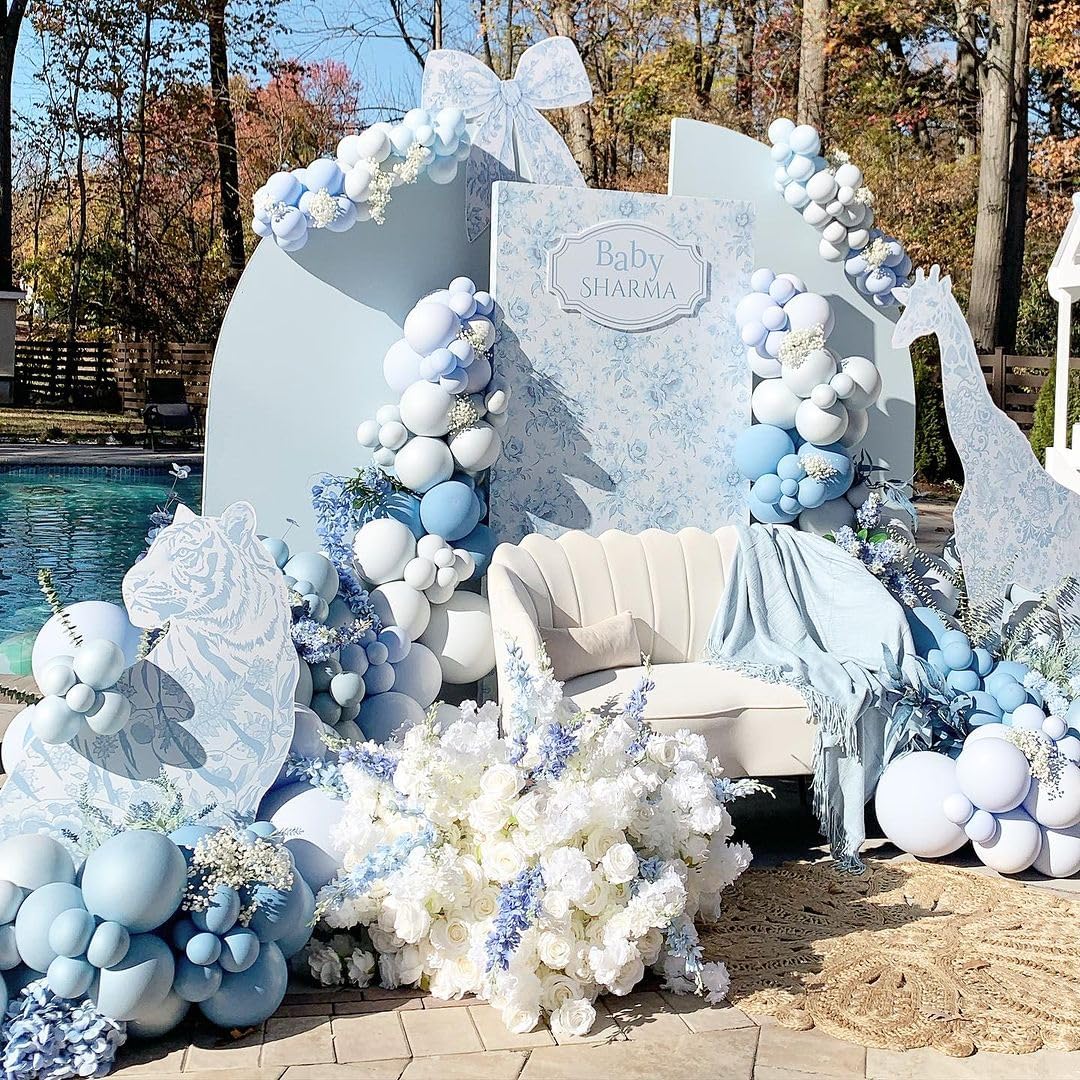 Dusty Blue Balloons Arch Kit, 134 Pcs Muted Light Baby Slate Blue and White Balloon Garland mit 18 Inch Pale Blue Clear Balloon *5, Long Balloon as Bow Decor for Baby Shower Boy Gender Reveal Wedding