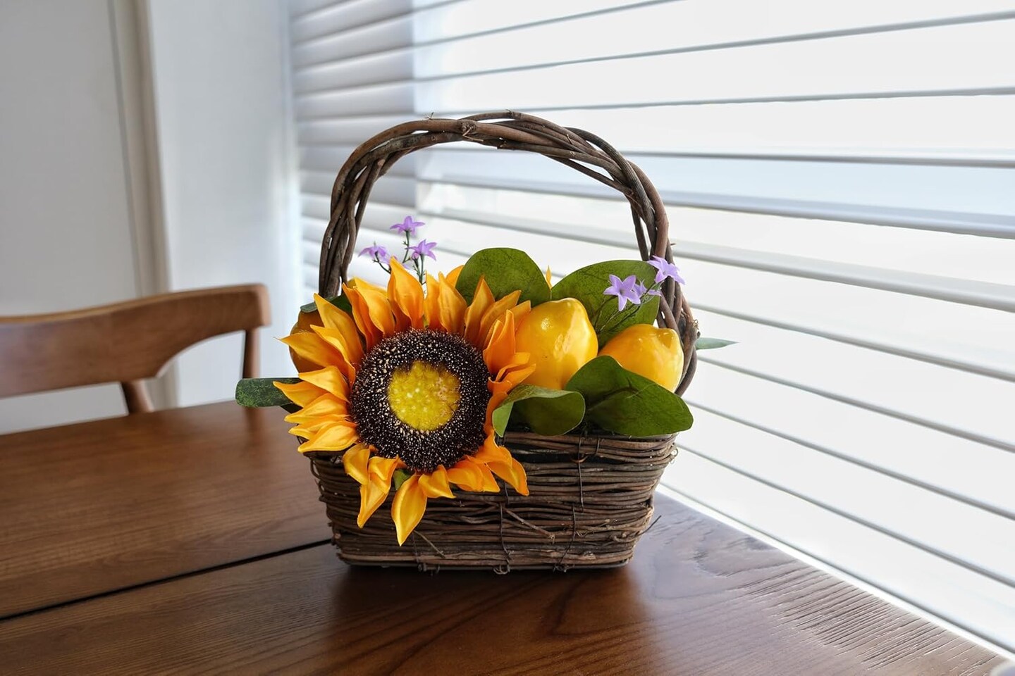 Rustic Farmhouse Table Decor, Spring Summer Tabletop Basket Decoration with Artificial Sunflowers Lemons Magnolia Leaves, Small Centerpiece for Home Indoor Living Room Kitchen Dining Room Table