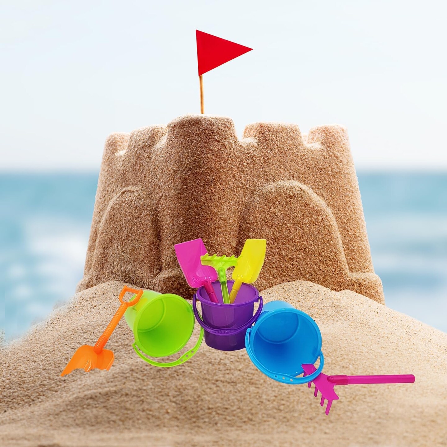 Summer Sand Toys Mini Beach Playsets, Play Set Includes 1 Sand Bucket, 1 Shovel, 1 Rake, and 1 Scoop, Birthday Treats for Boys and Girls, Party Favors for Kids and Toddlers (6-Pack)