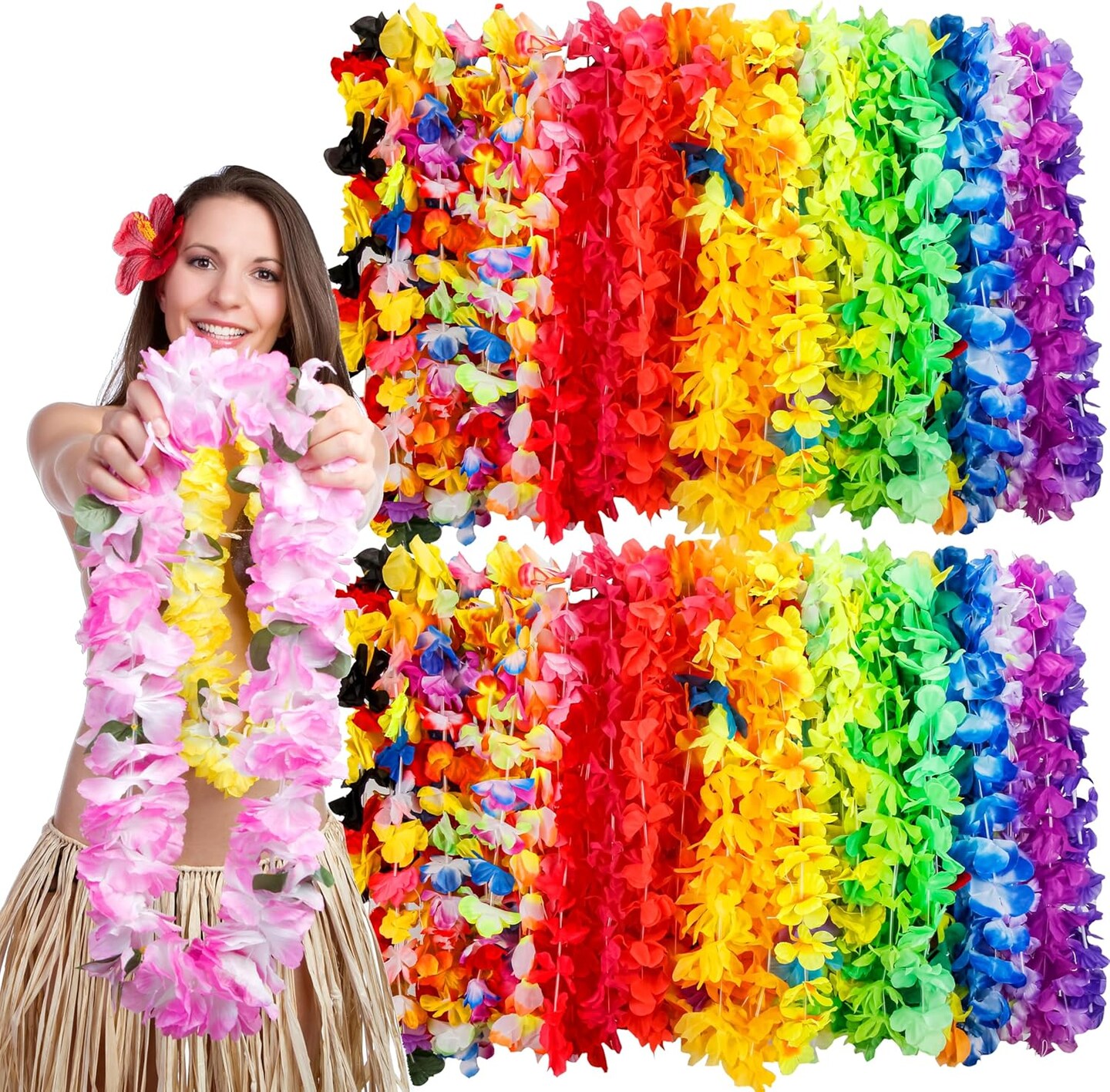 150 Count Summer Garland Hawaiian Lei Bulk, Tropical Luau Hawaii Theme Silk Flower Necklace