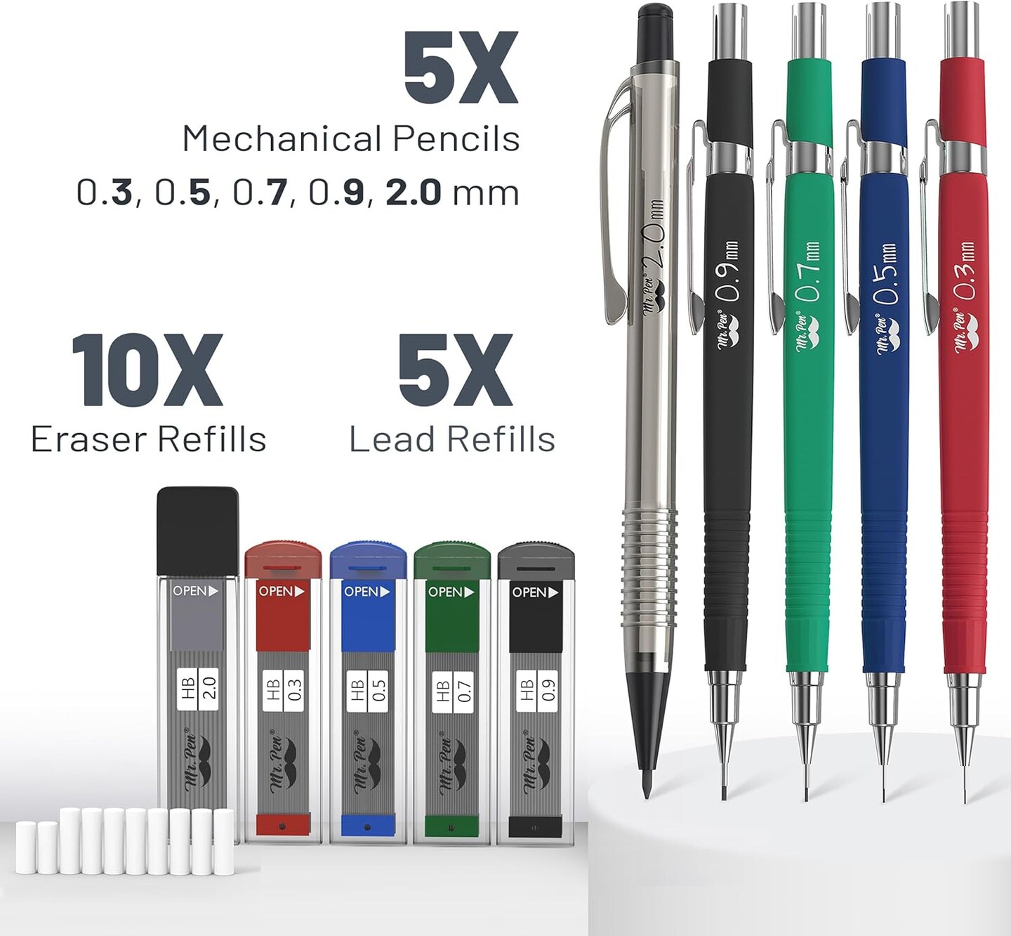 Mechanical Pencil Set with Lead and Eraser Refills, 5 Sizes - 0.3, 0.5, 0.7, 0.9 and 2 Millimeters, Drafting, Sketching, Illustrations, Architecture, Drawing Mechanical Pencils