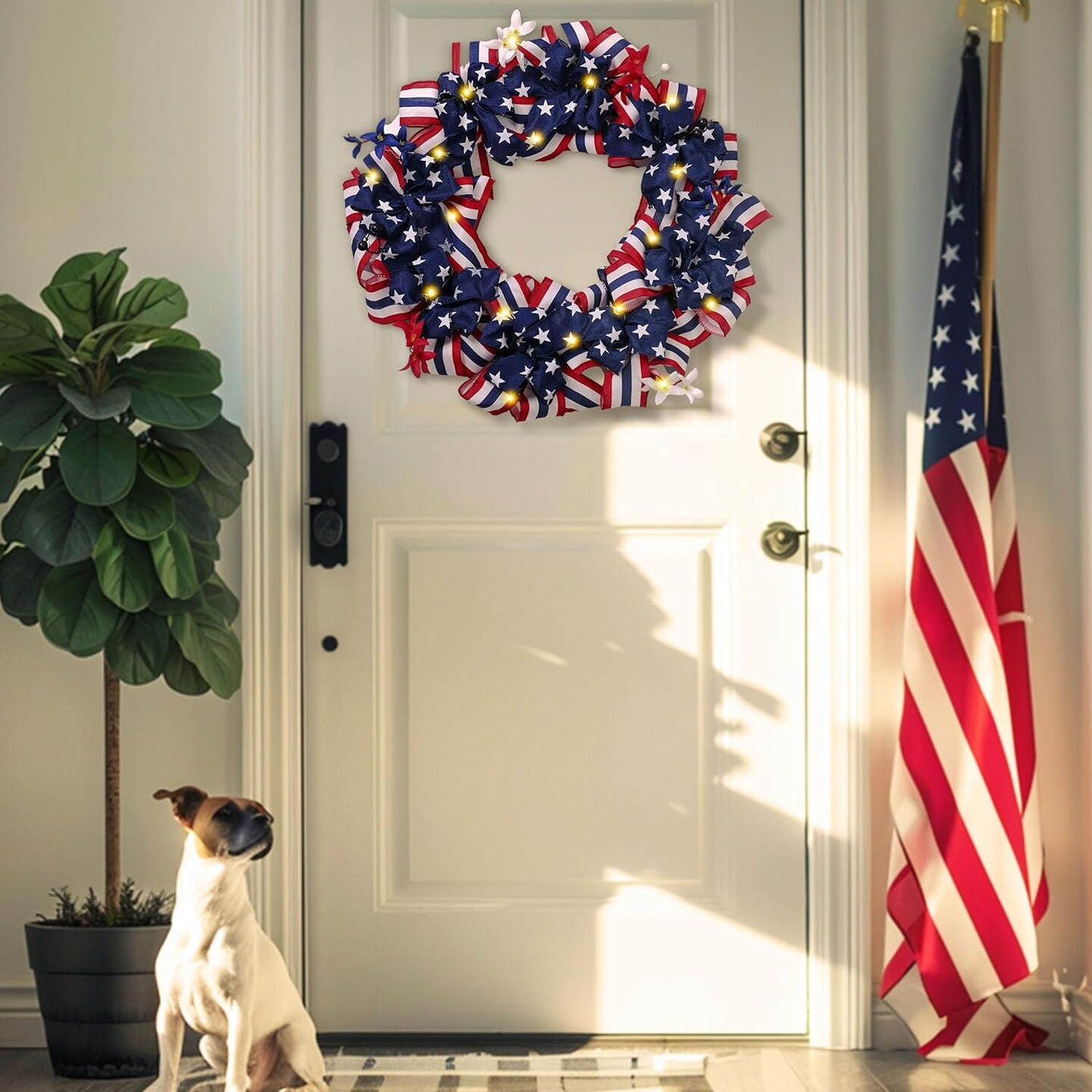 Patriotic Memorial Day Wreath for Front Door, 24&#x22; Large 4th of July Wreaths with Lights, Collasible Red White Blue Burlap Bow Wreath Decorations with Forsythia for National Holiday