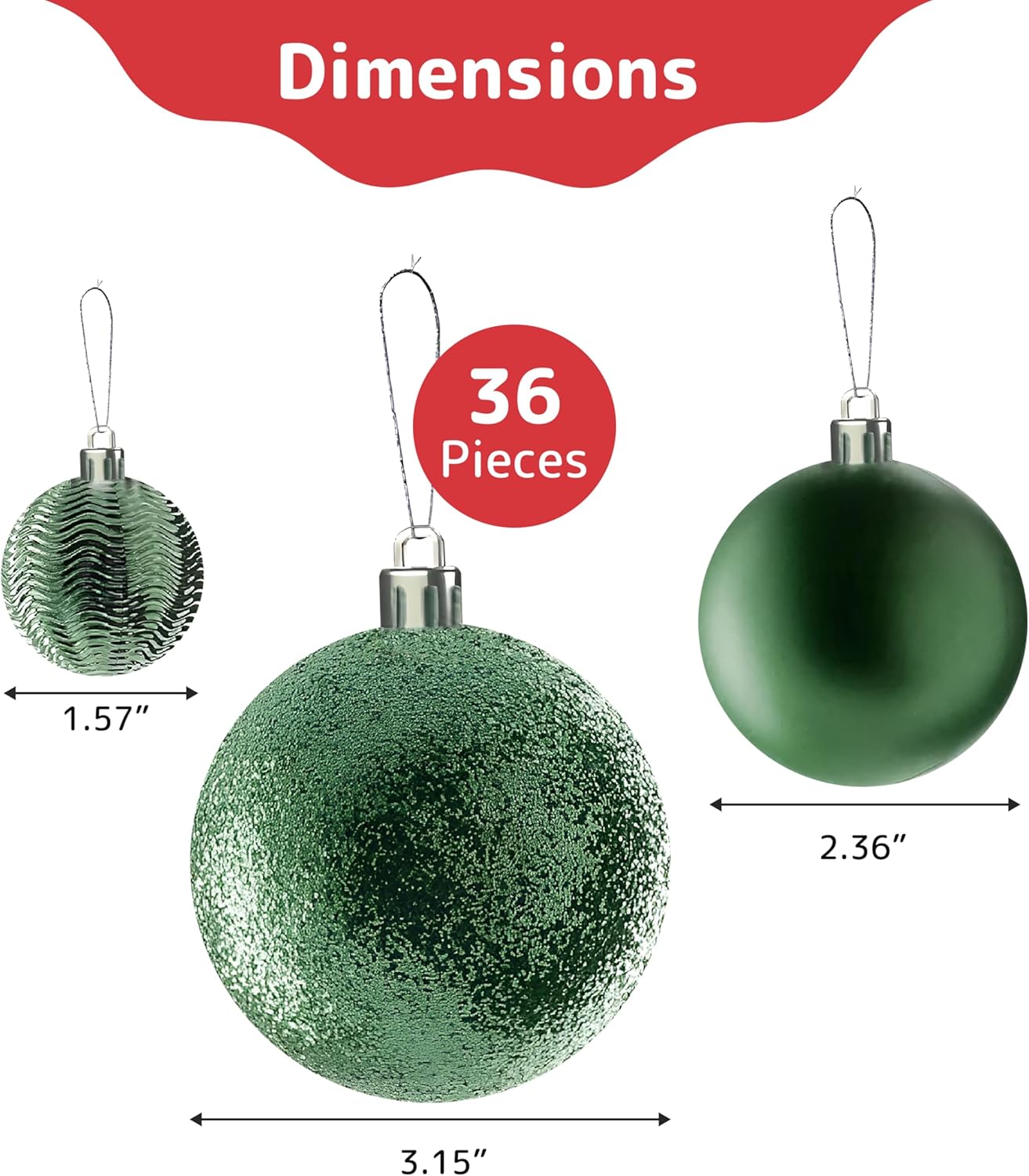 36-piece emerald green shatterproof Christmas ornaments for indoor/outdoor decor.