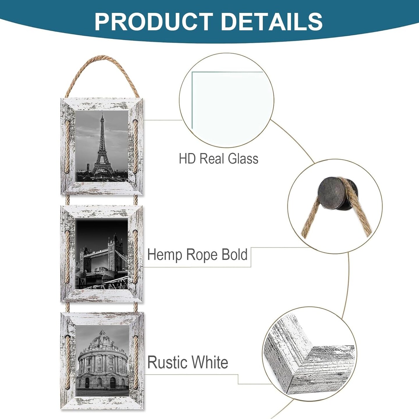 4x6 Hanging Collage Picture Frames Wall Decor, 3-Opening 4x6 Rustic Wood Frame with Hemp Rope, 2 Pack,White