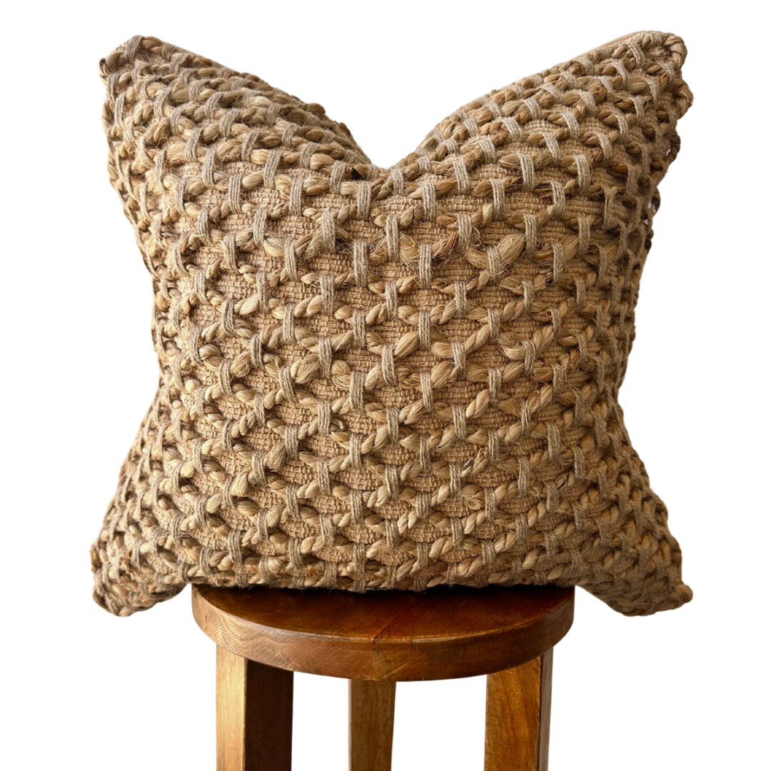 Braided Jute Boho Chic Pillow Cover 20&#x22; | Tan Woven Cotton Decorative Cushion | Rustic Farmhouse Neutral Throw Pillow