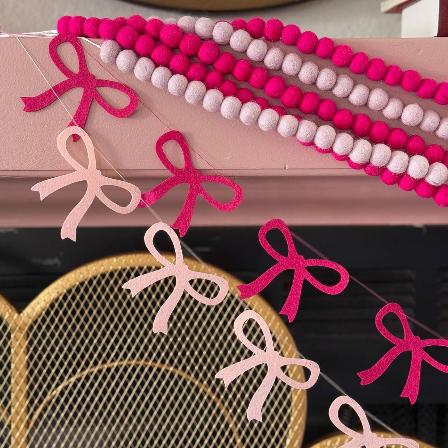 Pink Mini Felt Ball Garland Pom Pom Garland, 6 Feet 115 Wool Balls Bunting for Party Decor, Tree Decor, Easter Banner, Spring Bridal and Baby Showers. (Pink)