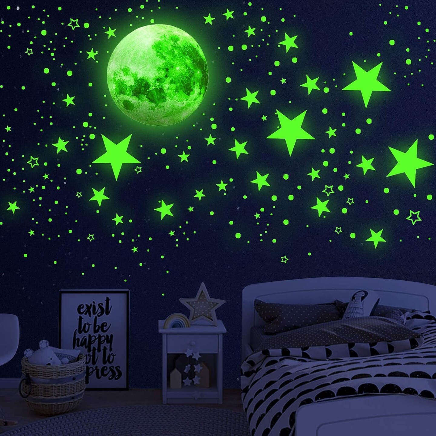 1086pcs Glow-in-the-Dark Stars & Moon Wall Decals – Solar System Galaxy Stickers for Kids’ Room