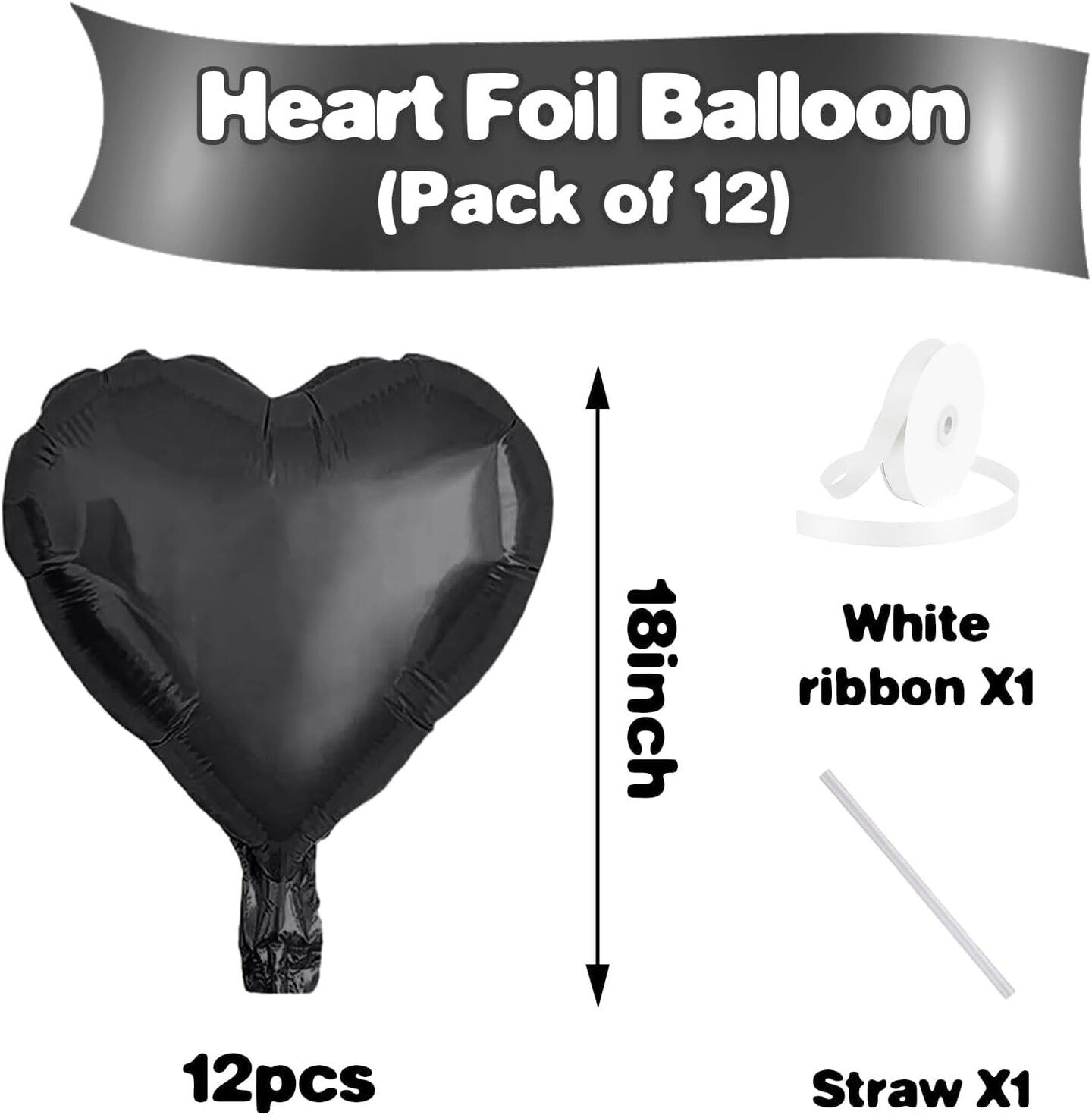 12-Pack 18in Black Heart Foil Balloons – Party Decor for Valentine’s Day, Birthday & Wedding