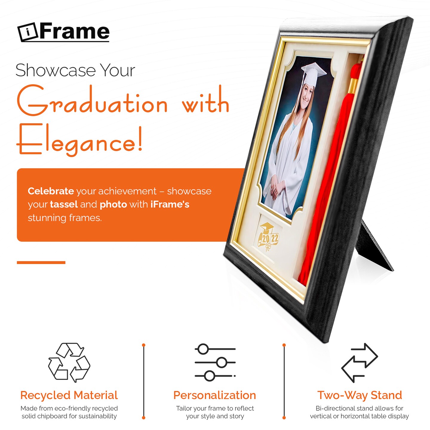 iFrame Graduation Photo &#x26; Tassel Frame I 5x7 Picture Frame I Customizable Grade Class Year | Real Wood Cherry, Black and Walnut Finish I Wall Mount &#x26; Tabletop Graduation Frame | Made in USA
