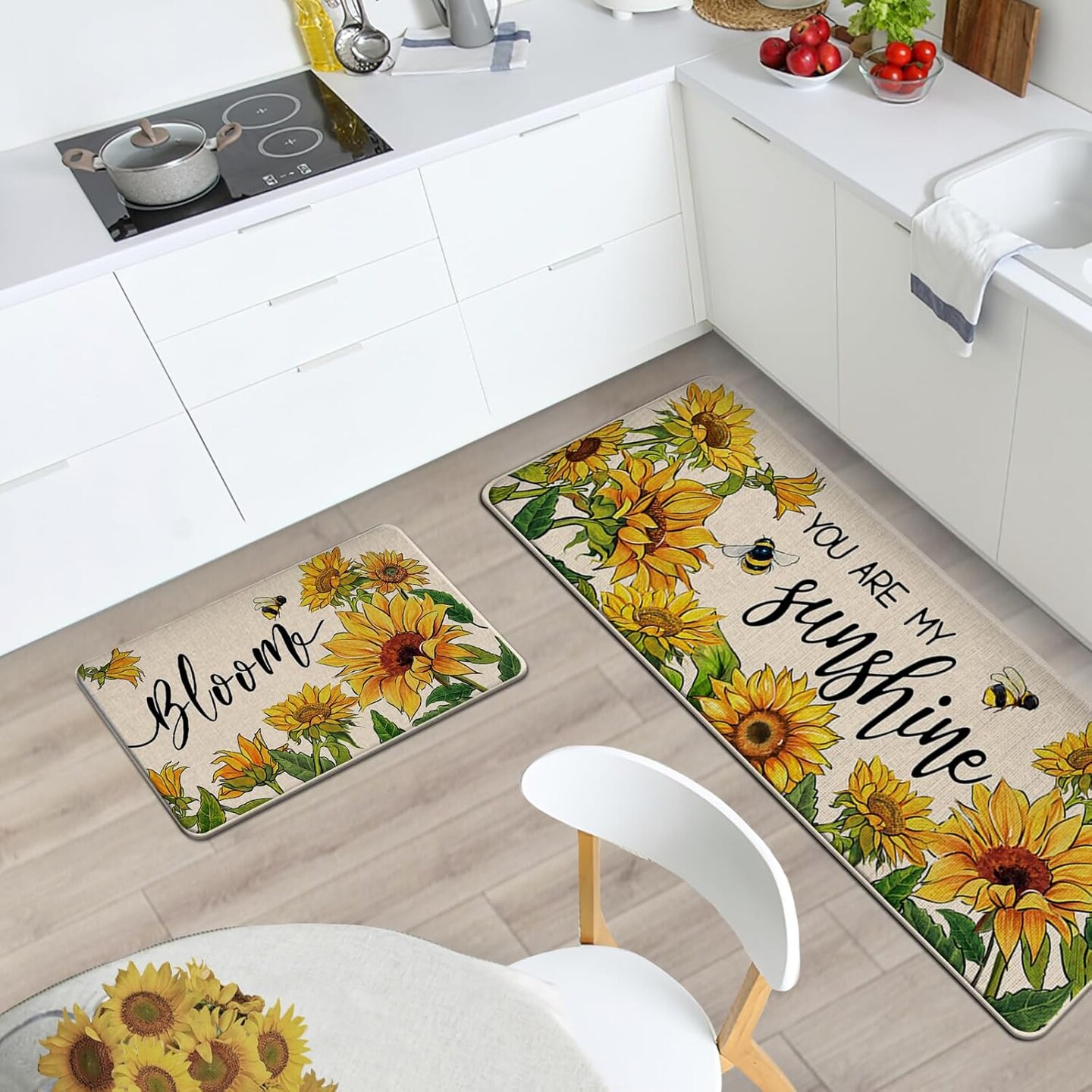 Spring Summer Sunflower Kitchen Rugs Set of 2, Fall Flower Bee Bloom You are My Sunshine Kitchen Mats Home Decor, Floral Seasonal Floor Door Mat Decorations - 17x29 and 17x47 Inches