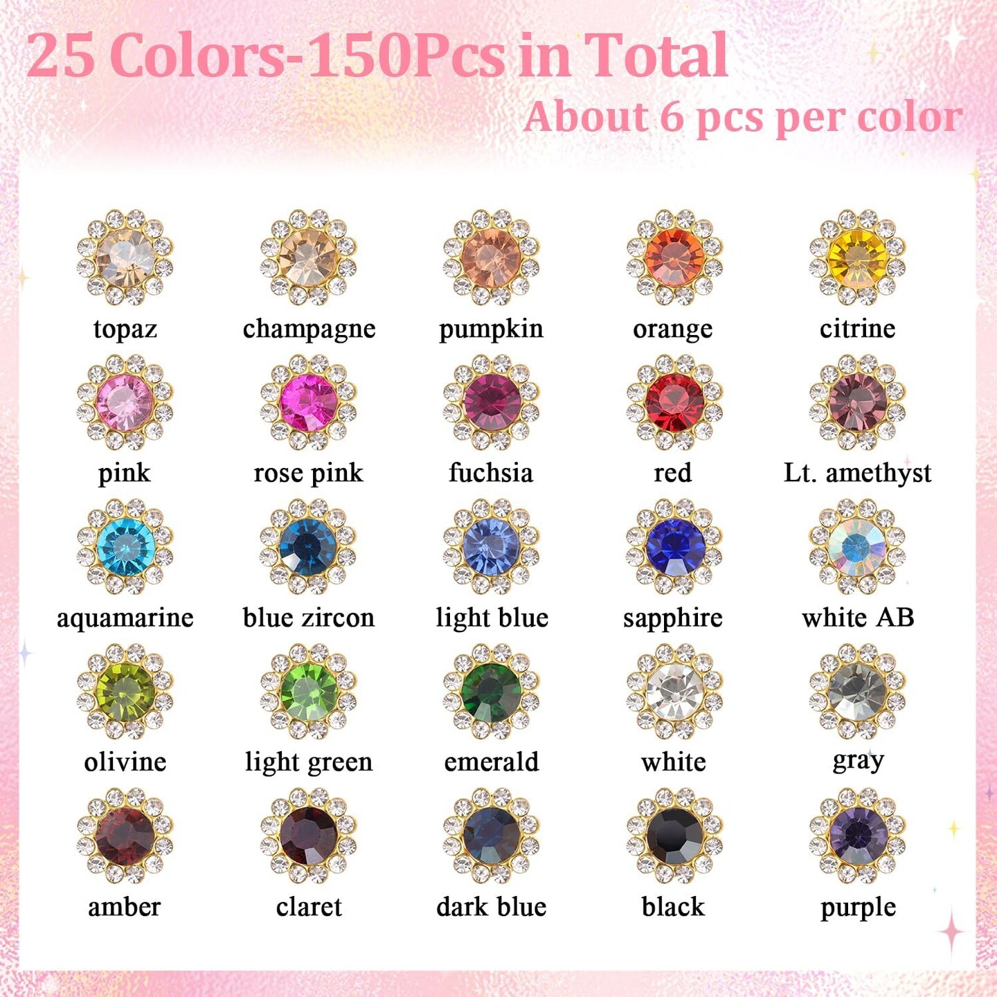 150 PCS 25 Mixed Colors Sew on Rhinestones, Crystal Glass with Metal Base Flower Shape Claw Flatback Rhinestones for Crafting, Bedazzling Rhinestones for Clothes Shoes Hats Bags &#x26; Sewing Accessories