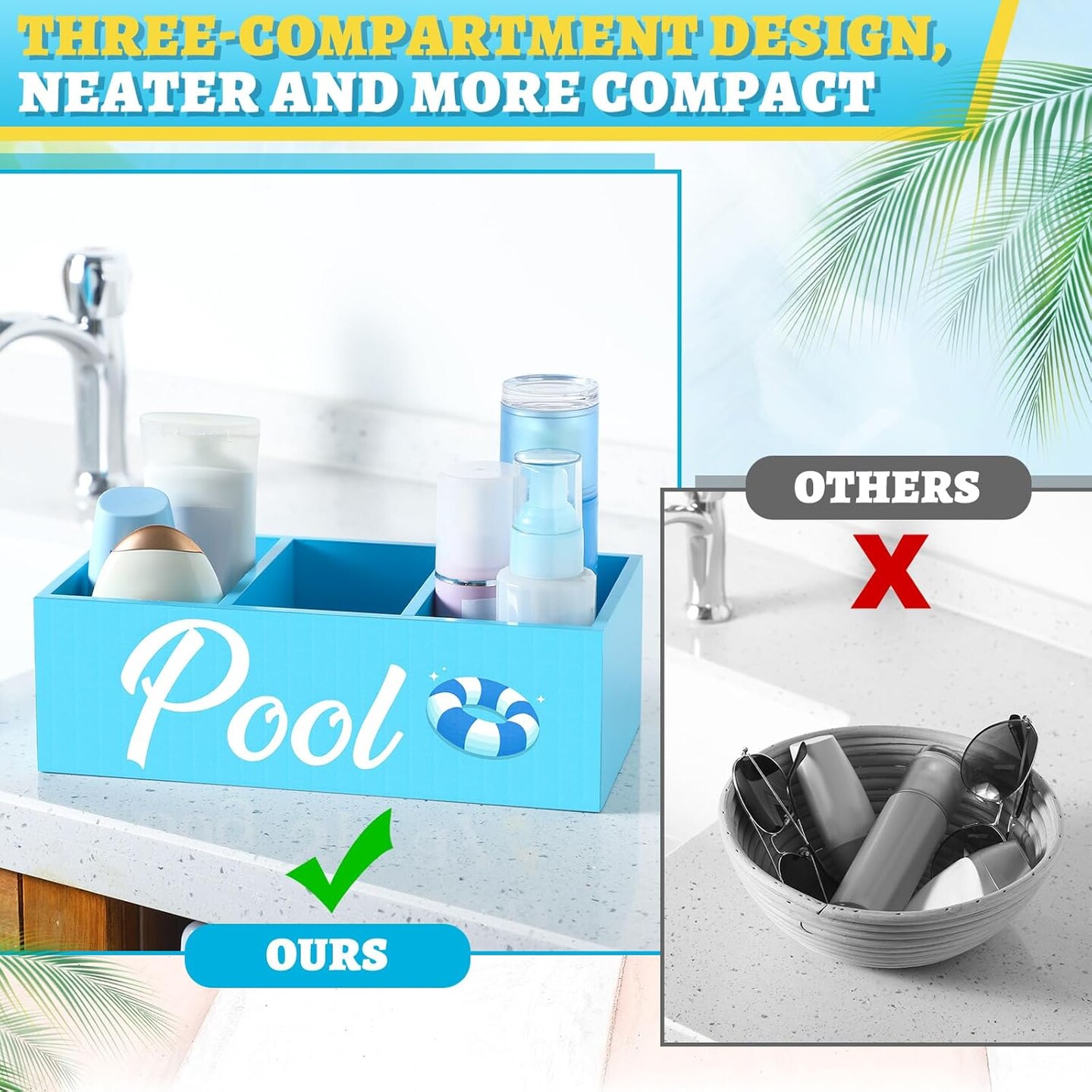 Summer Storage Basket Blue Pool Wooden Box with Three Compartments Toilet Tank Tray for Indoor Outdoor Swimming Pool Decor Sunblock Sunglasses Pool Toy Storage Box