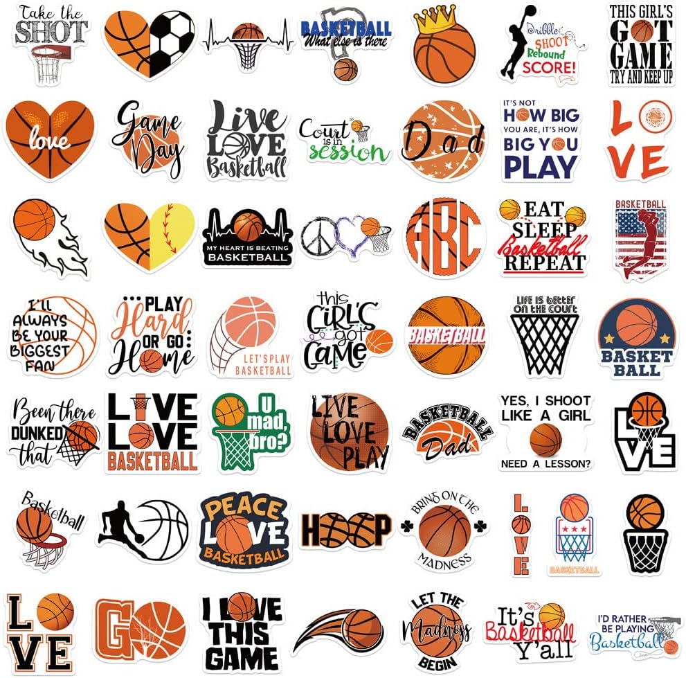 50PCS Basketball Stickers,Vinyl Waterproof Basketball Sports Stickers Gift for Adults Teen Boys and Girls, Suitable for Water Bottles,Cup,Laptop,Wall,Skateboard,Phone, Scrapbook,Guitar