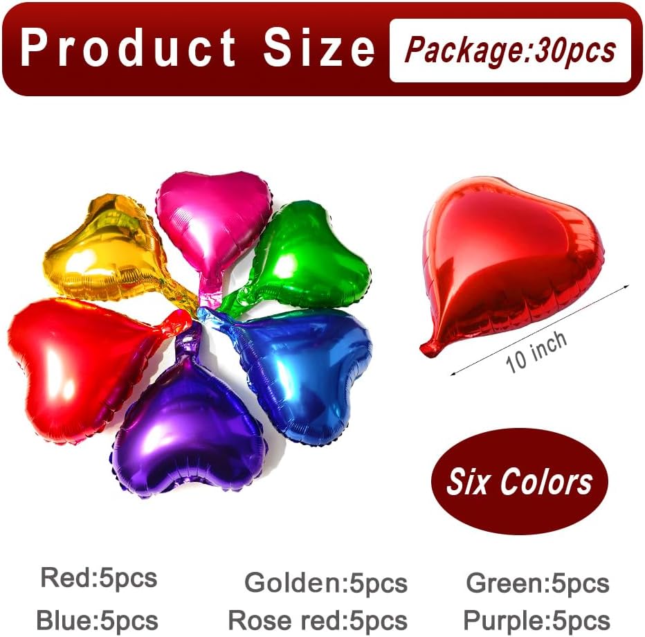 30-Pack 10in Small Heart Foil Balloons – Red, Gold, Green, Blue, Rose & Purple for Wedding, Party & Birthday Decor