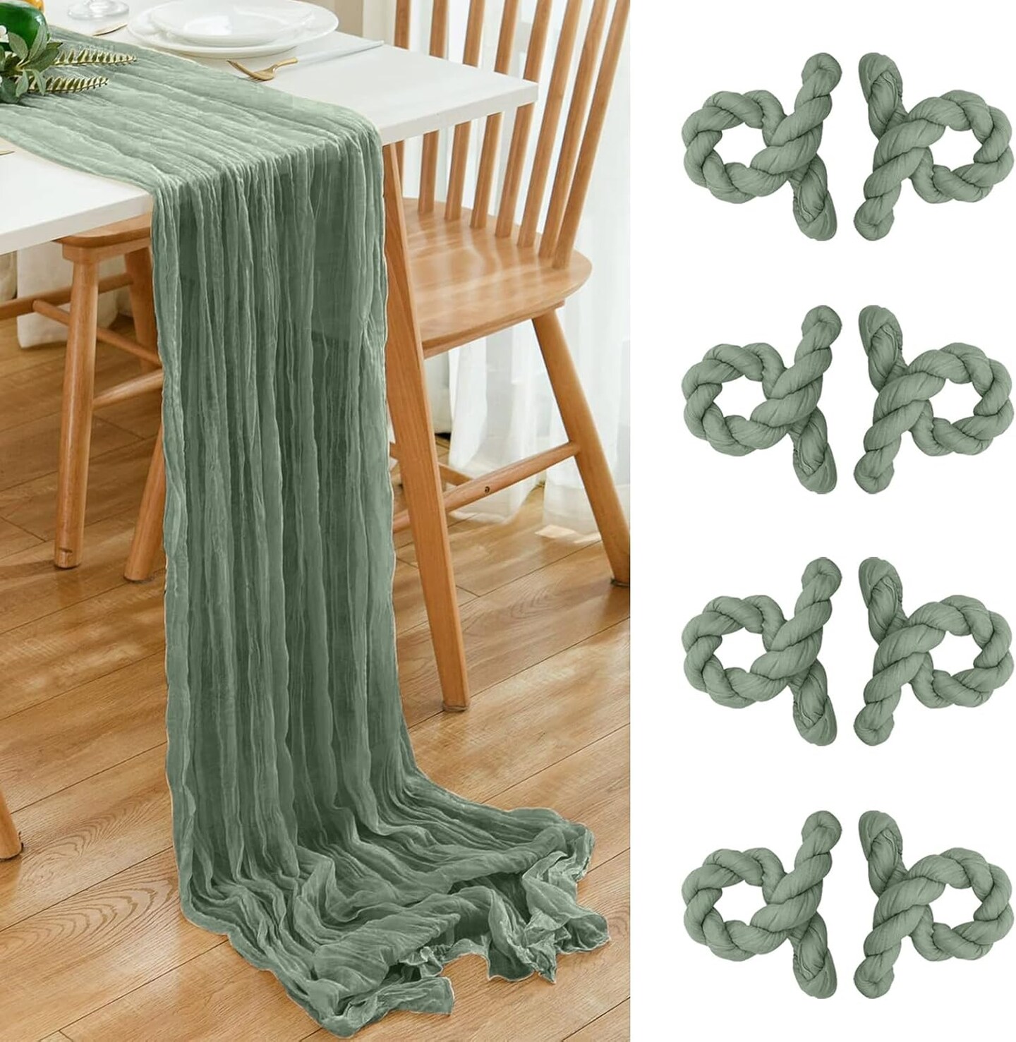 8-Pack 10ft Sage Green Cheesecloth Table Runners, 35x120" for Weddings & Parties.