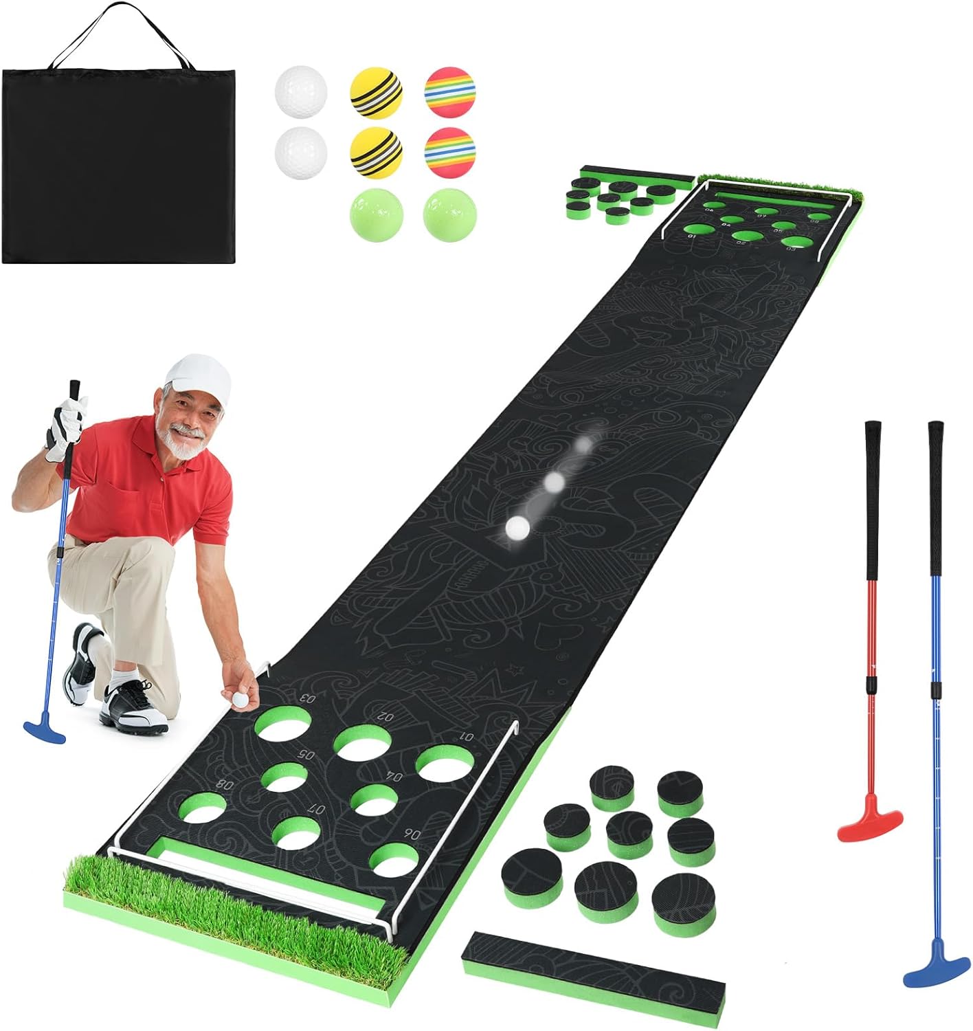 Golf Pong Game Set - 10.1&#x27; x 1.6&#x27; (3.08m x 0.49m) Foldable Indoor Putting Green with 2 Adjustable Putters, 8 Golf Balls, &#x26; Carrying Bag for Backyard, Office, or Home Practice