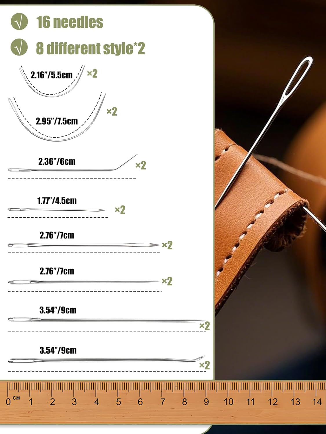 16 Pcs Upholstery Needle, Heavy Duty Hand Sewing Needles Kit, 8 Styles of Leather Canvas Sewing Needles with Needle Threaders, Seam Rippers, Thimble, Soft Ruler (Leather Needles)