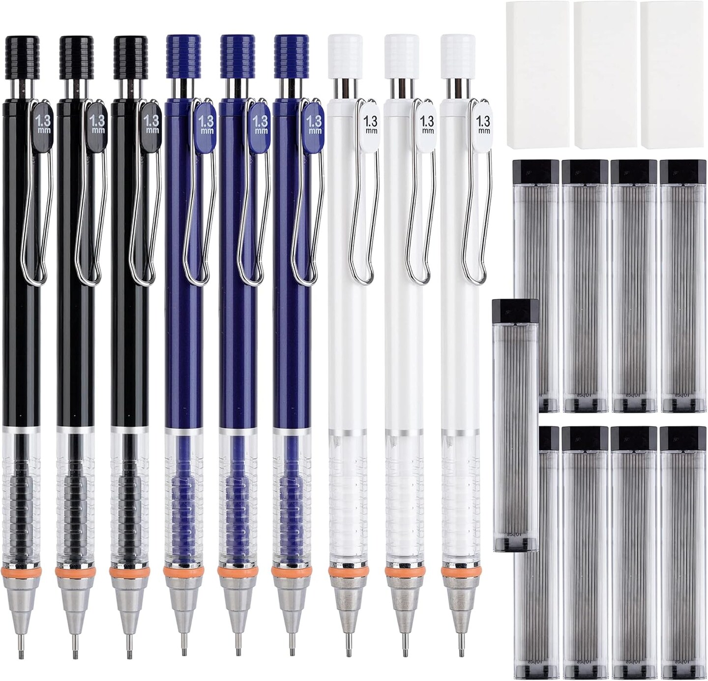 21pcs Mechanical Pencil Set 9pcs 1.3 mm Mechanical Pencils with 9 Tubes 1.3mm HB Lead Refills and 3 Pieces Erasers comfortable writing for Writing, Drawing, Signature, 3 Colors