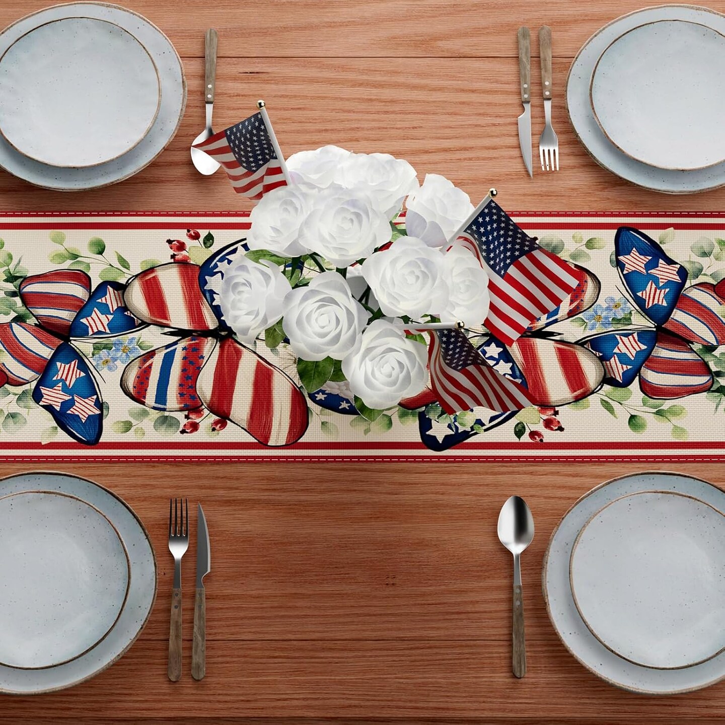 Watercolor America Stars Butterflies Eucalyptus Leaves Patriotic 4th of July Memorial Day Independence Day Table Runner Decoration for Home Kitchen Holiday Party