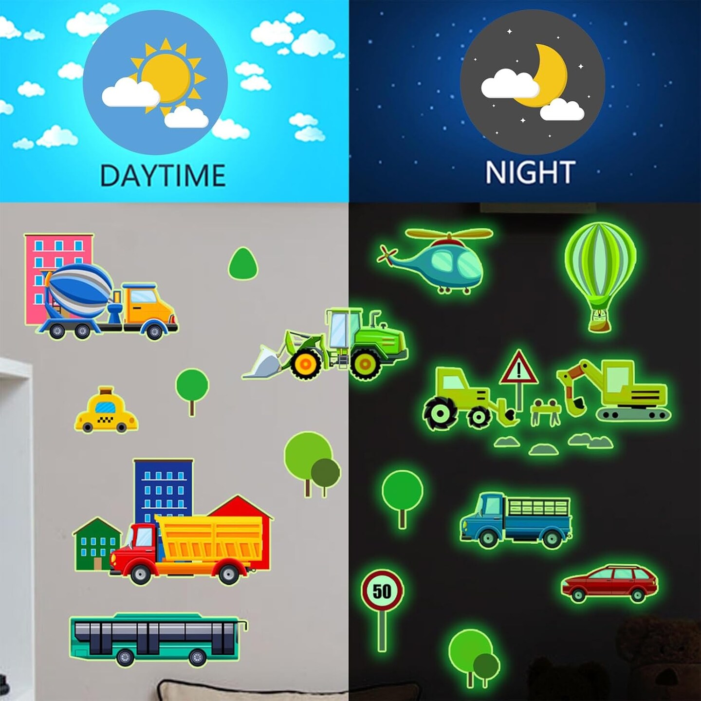 Glow in The Dark Cartoon Construction Vehicle Stickers,DIY Green Luminous City Car Truck Excavator Helicopter Wall Decals for Baby Nursery Boys Bedroom Playroom Wall Decor