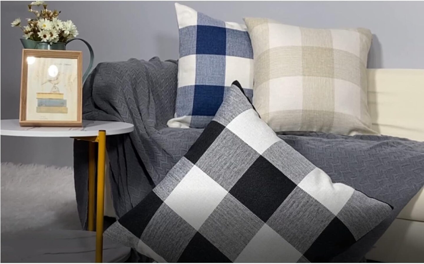 Outdoor Blue Throw Pillow Covers 18x18 Set of 2 Buffalo Plaids Check Summer Front Porch Decorative Gingham Cushion Cases Home Decor Farmhouse for Patio Furniture Couch Bed Sofa,Navy Blue White